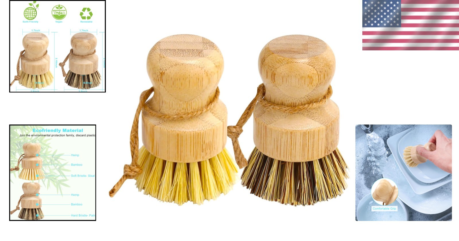 2-Piece Bamboo Dish Brush Set – Ergonomic Palm Handle for Effortless Cleaning