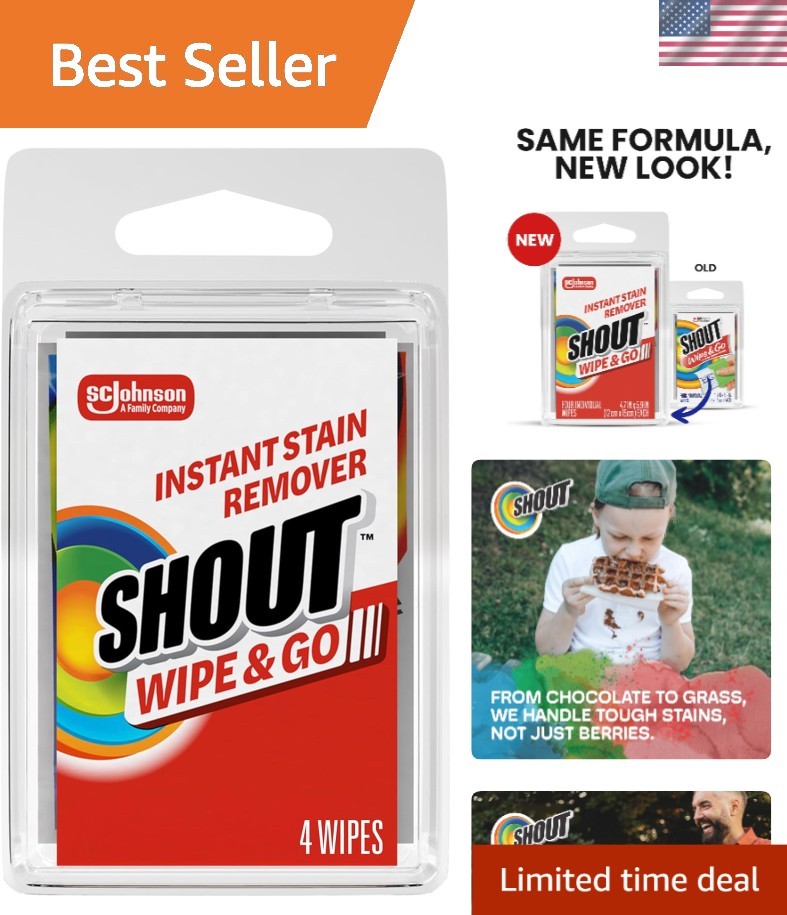 Portable Shout Wipe & Go Stain Remover – Safe for Colorfast Fabrics, 4 Wipes