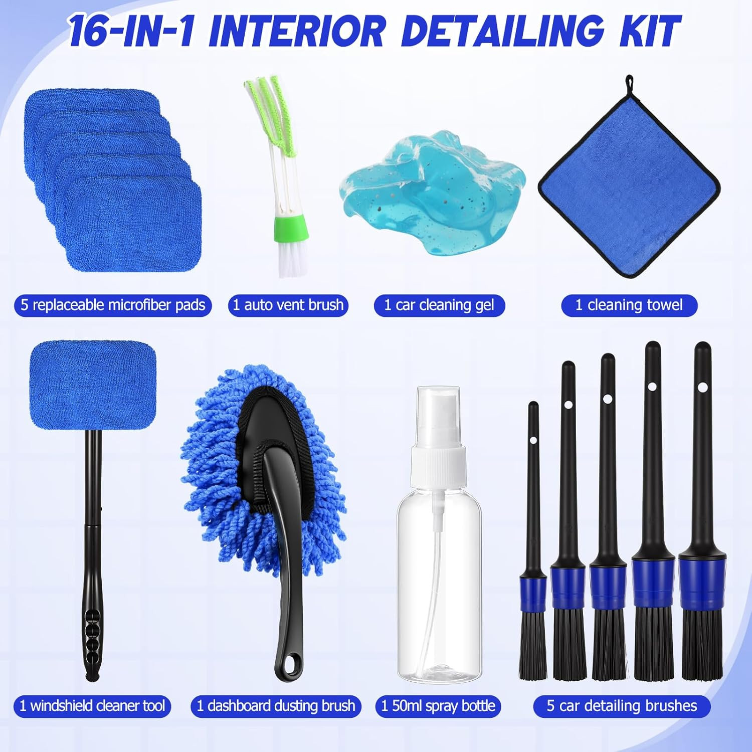 16 Pcs Windshield Cleaner Tool, Car Cleaning Kit with Various Detailing Brushes
