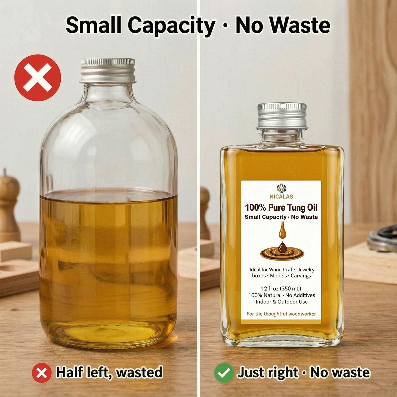 12oz Pure Tung Oil for Wood Finishing, Small Capacity for Woodworking Crafts,…