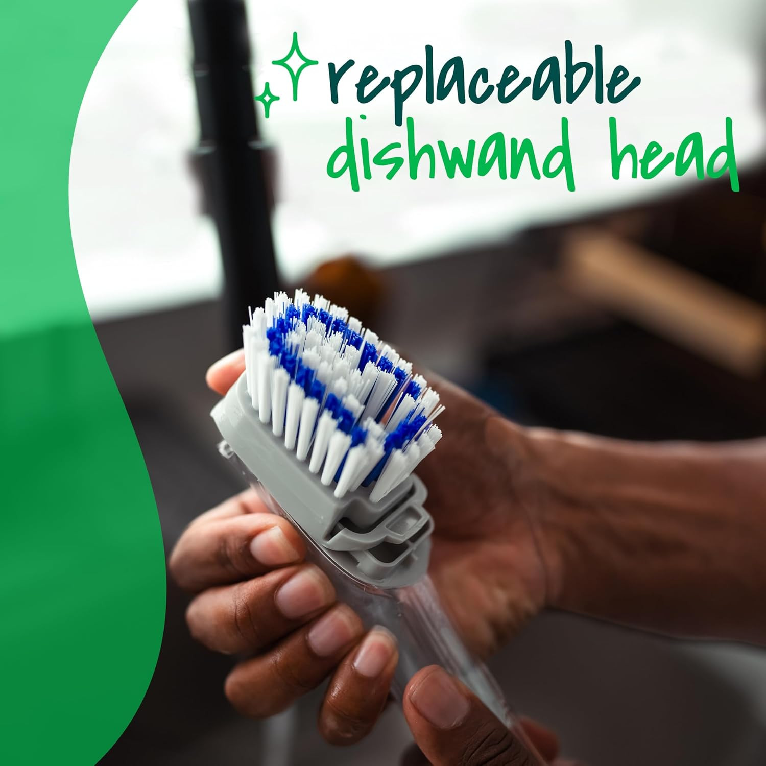 Odor Resist Soap Control Dishwand Brush, Non-Scratch Cleaning Brush with Scraper
