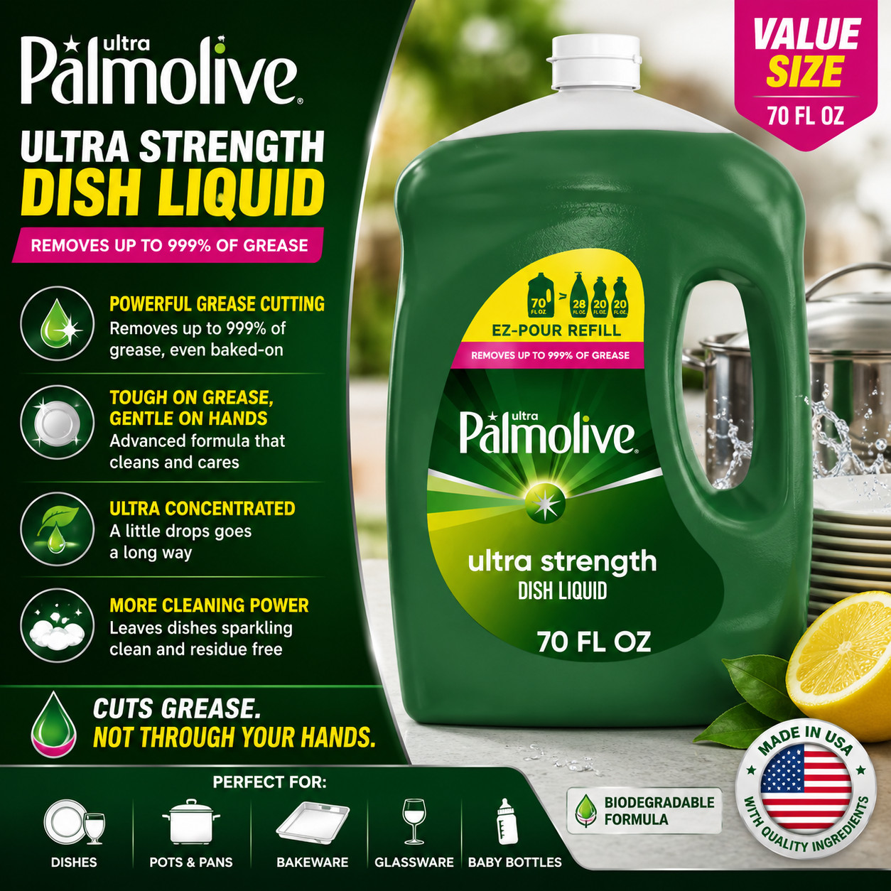 Palmolive Ultra Strength Liquid Dish Soap, Grease Cutting, 70 fl oz EZ