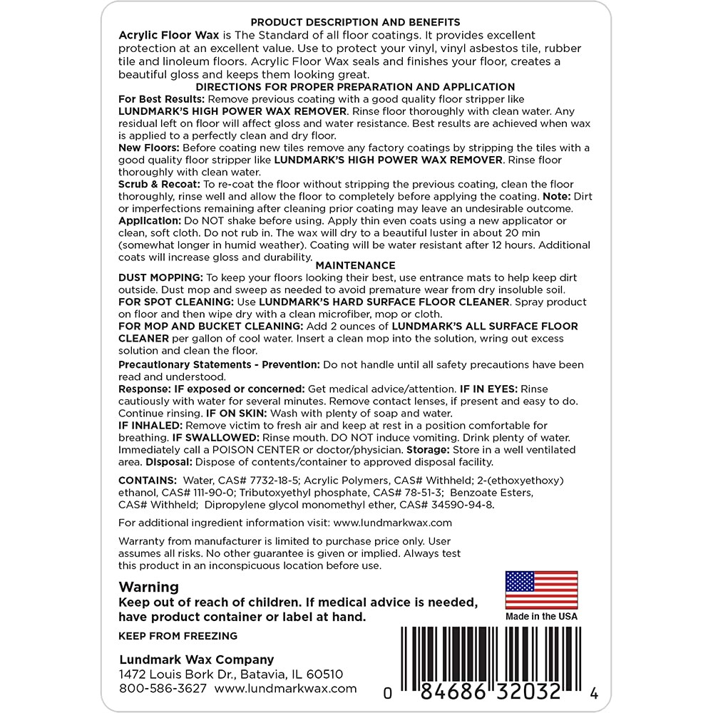 Lundmark Acrylic Floor Wax, 32-Ounce, 3203F32-6, Clear (LUN-3203F32-6)