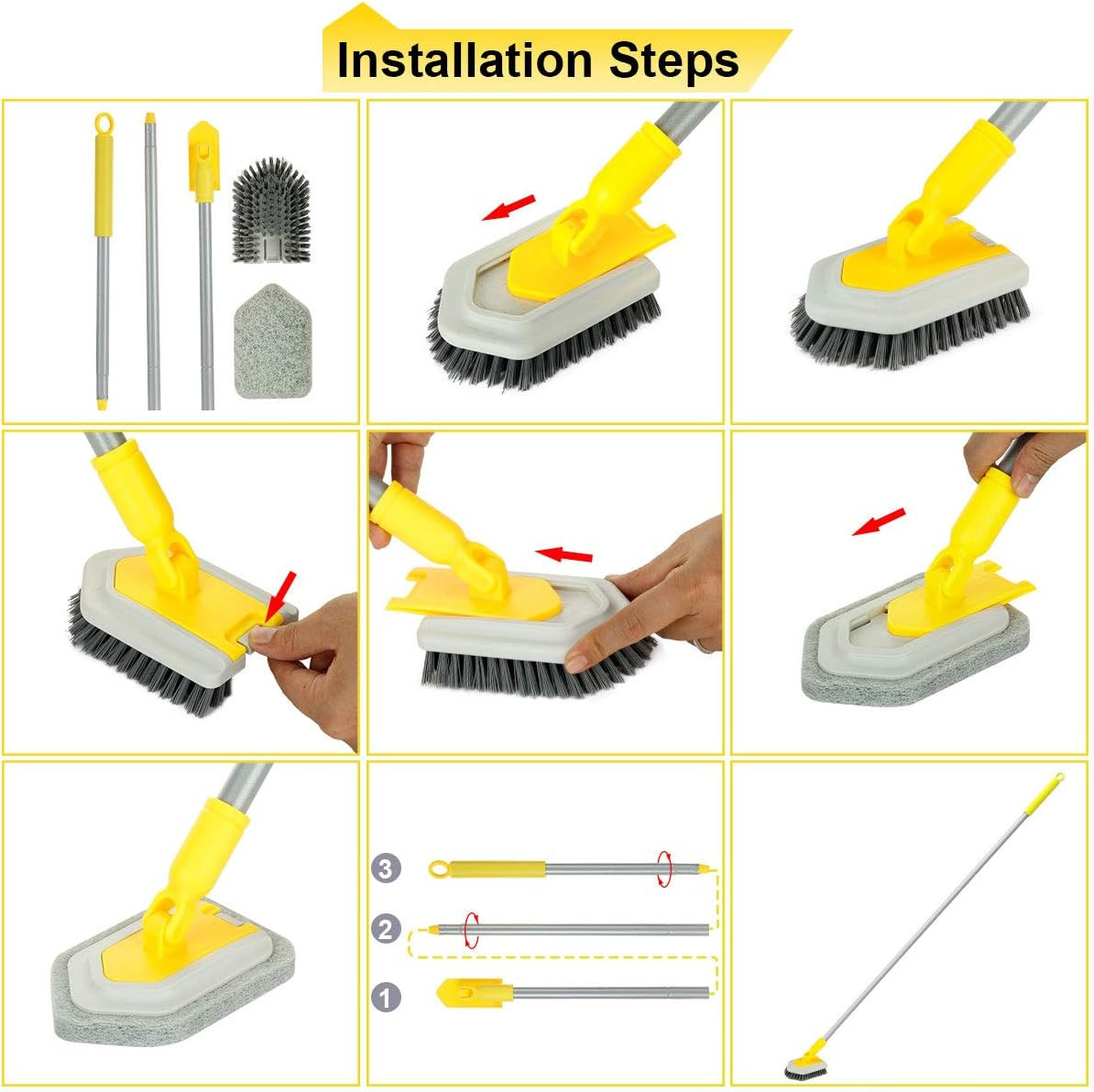 Shower Cleaning Brush with Locking Head, 3 in 1 Tub Tile Scrubber Brush with 50′