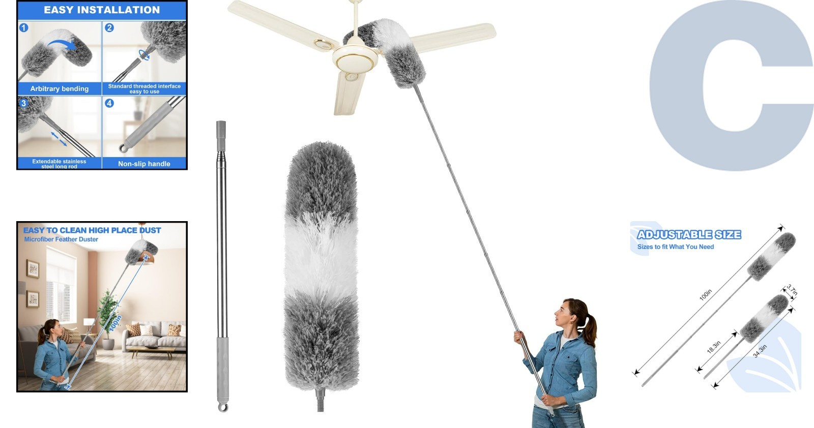 Feather Duster with 100-Inch Extension Pole – Effortless Ceiling Fan Cleaning