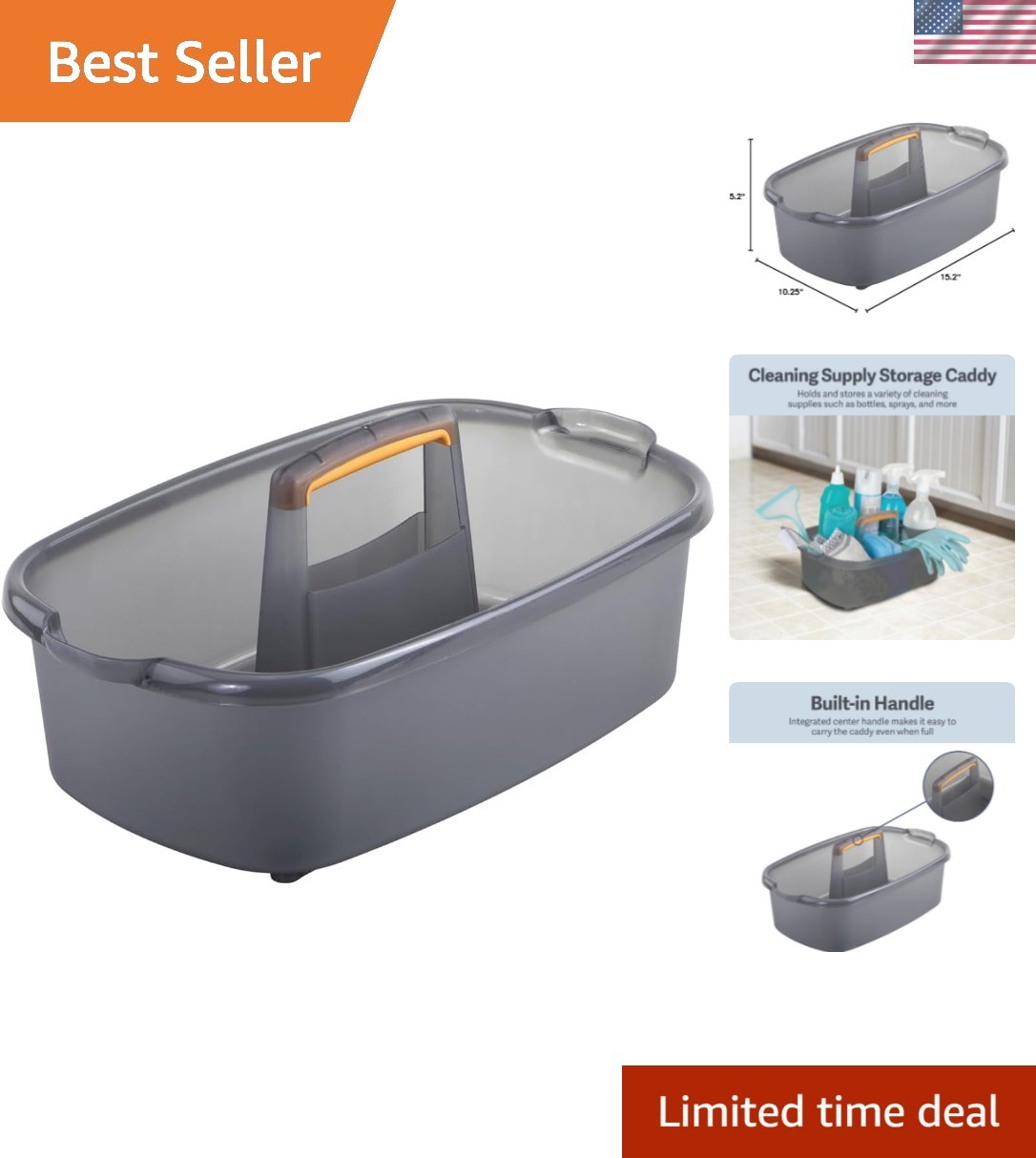 Cleaning Storage Caddy Organizer Plastic Handle Gray Multi-Purpose 1.85-Gallon