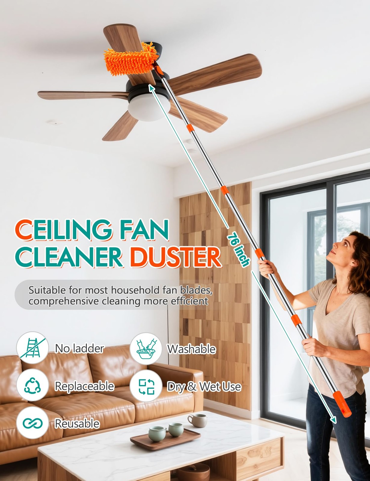 Ceiling Fan Cleaner Duster with 76″Extendable Long Handle 180° Wall Mop