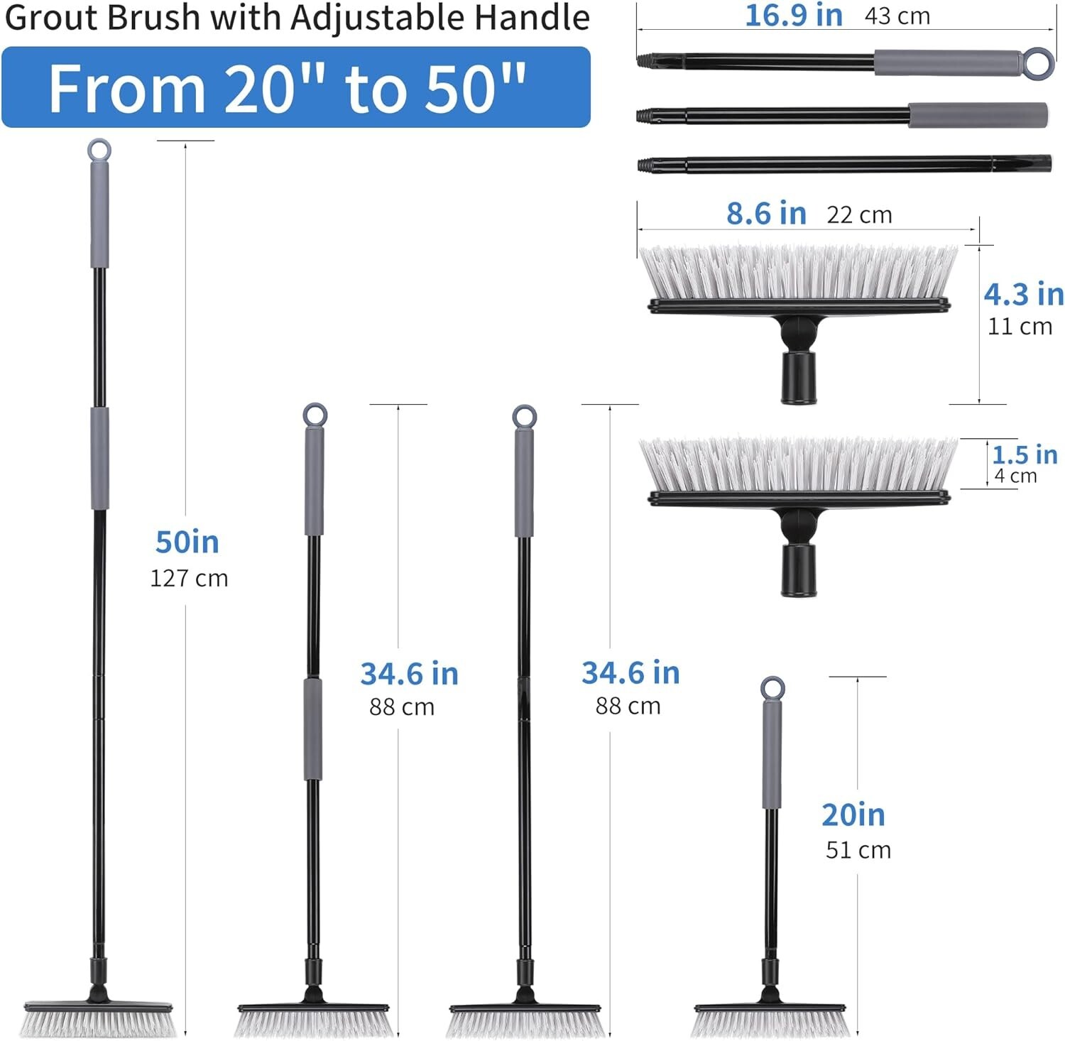 1 or 2 Pack Grout Brush with Long Handle 50 Inches, Swivel Floor Scrub Broom