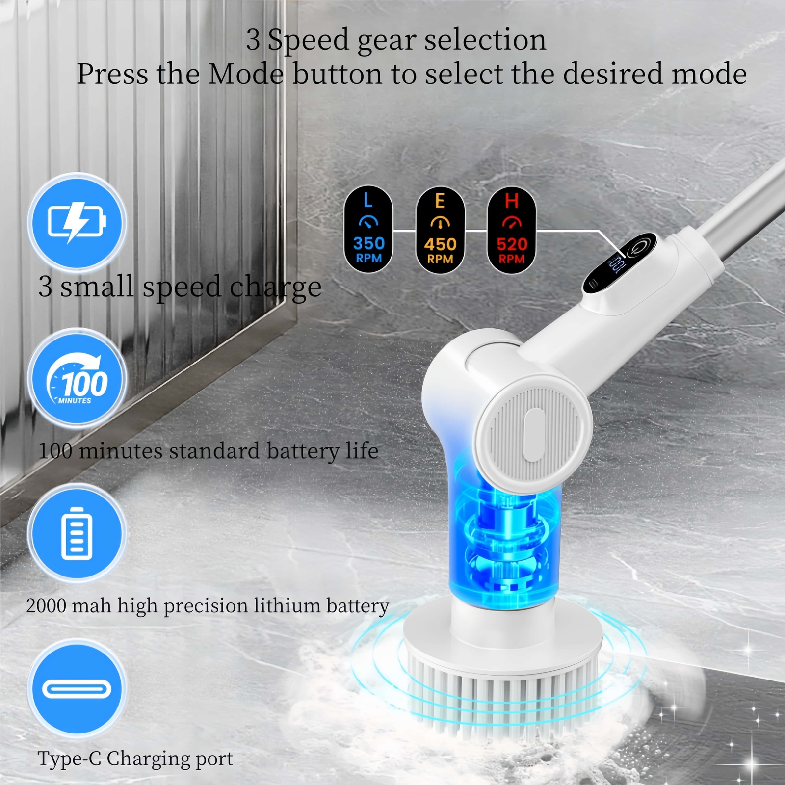 Electric Spin Scrubber for Cleaning with 1500mAh Batteries 8 Brushes/Brush head