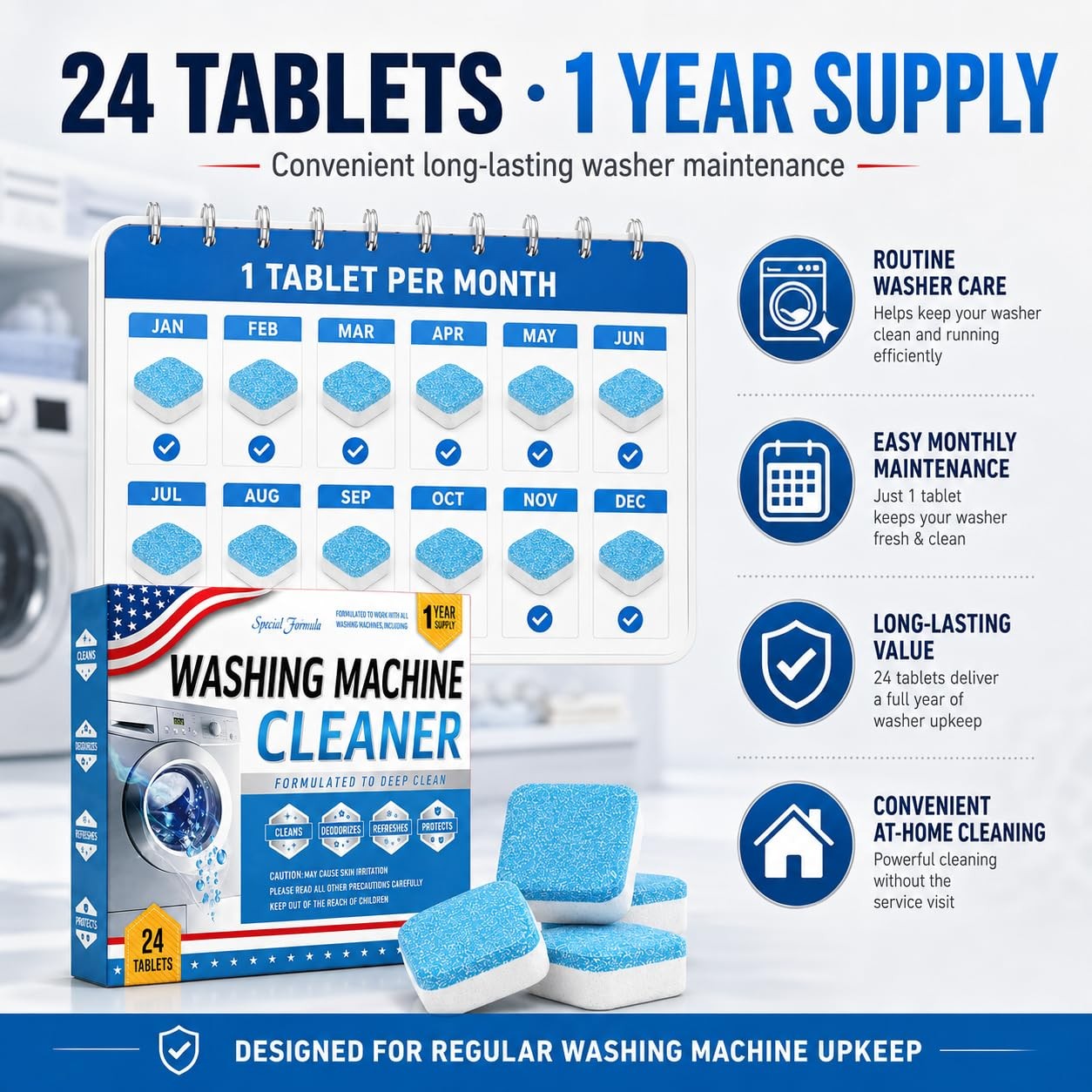 Bio-Enzyme Washing Machine Cleaner Tablets 24 Pack, 5X Power Deep Cleaning Wa…