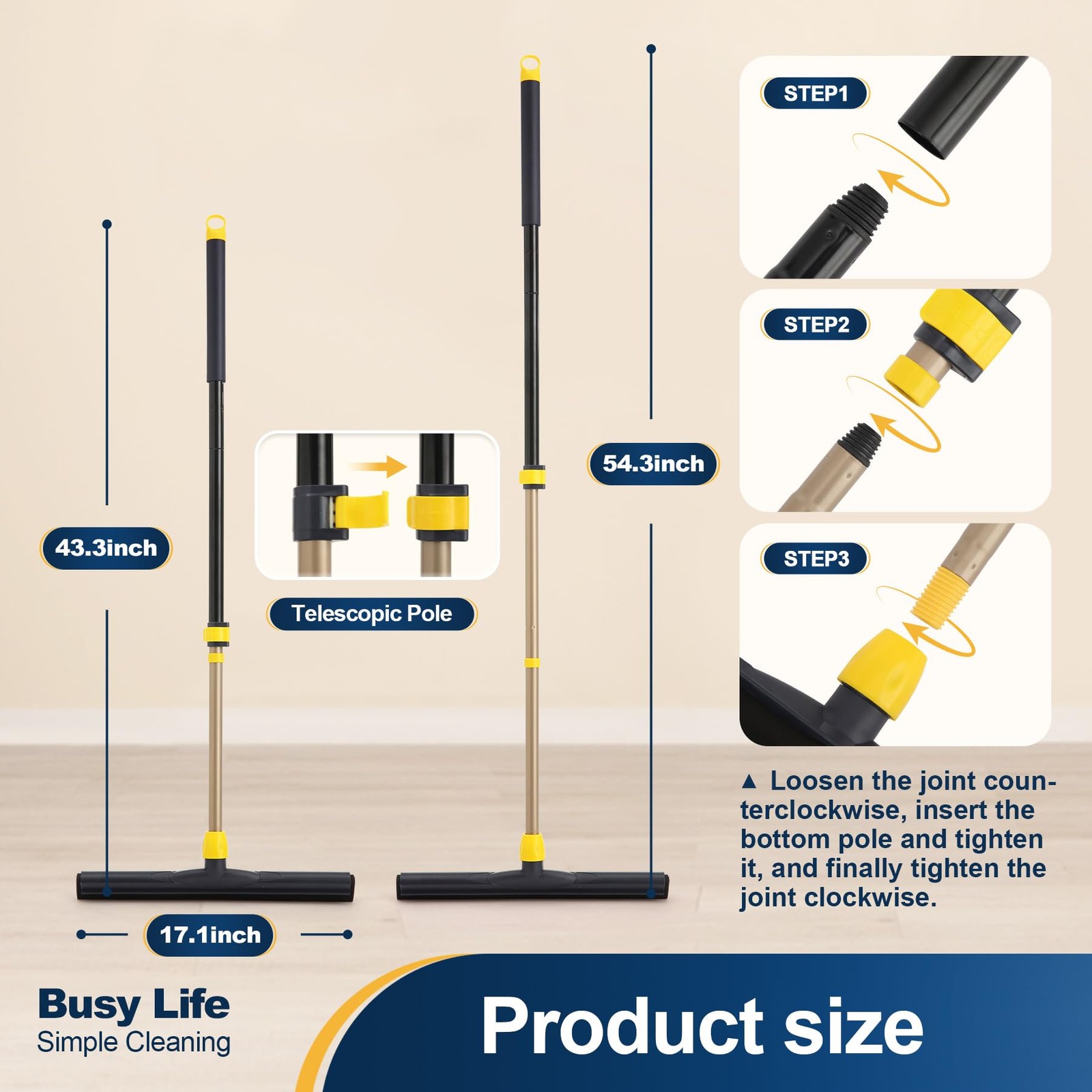 Floor Squeegee Scrubber Adjustable Telescopic Pole Heavy Duty Household Broom