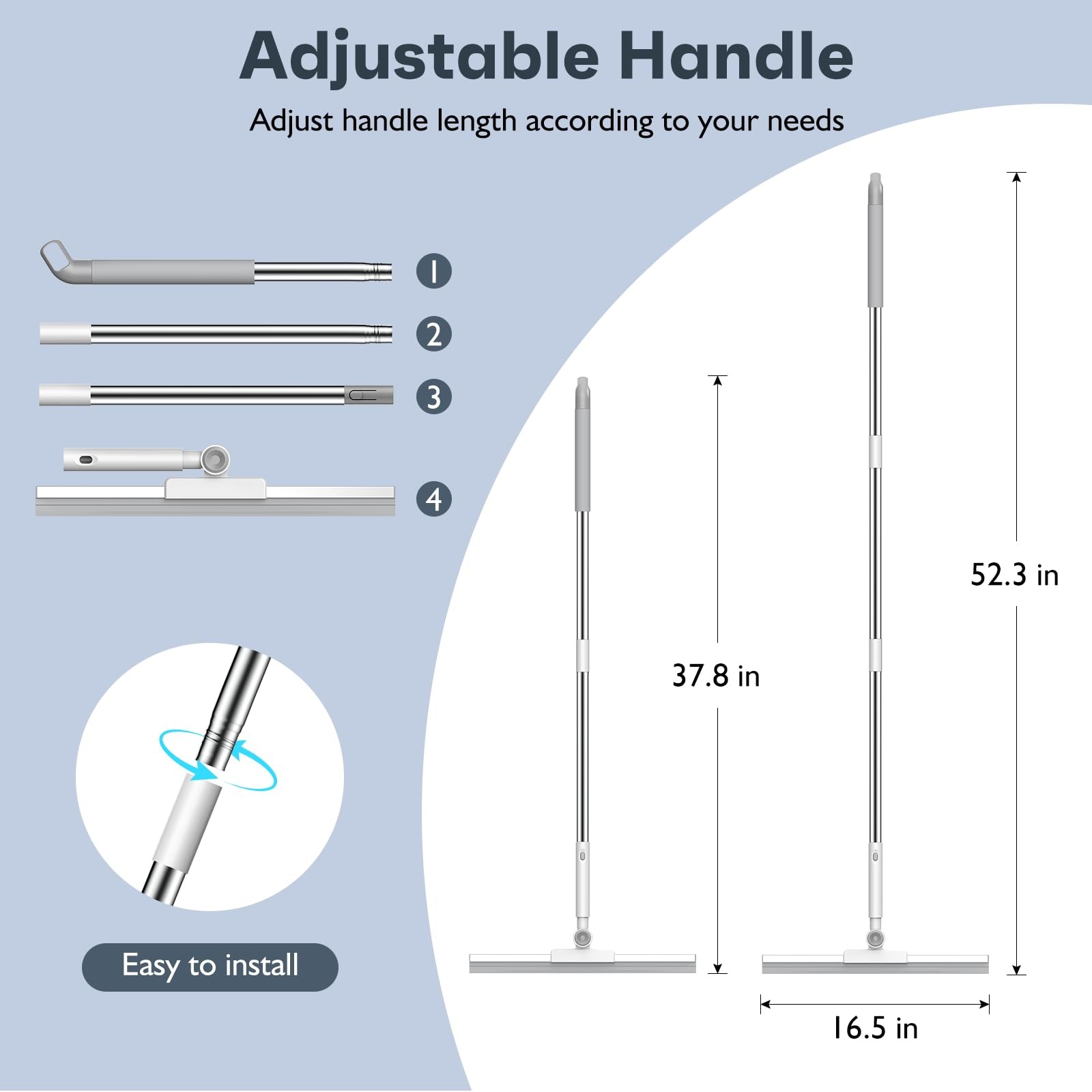 52in Adjustable Floor Squeegee with 180° Rotating Head Long Handle for Tiles
