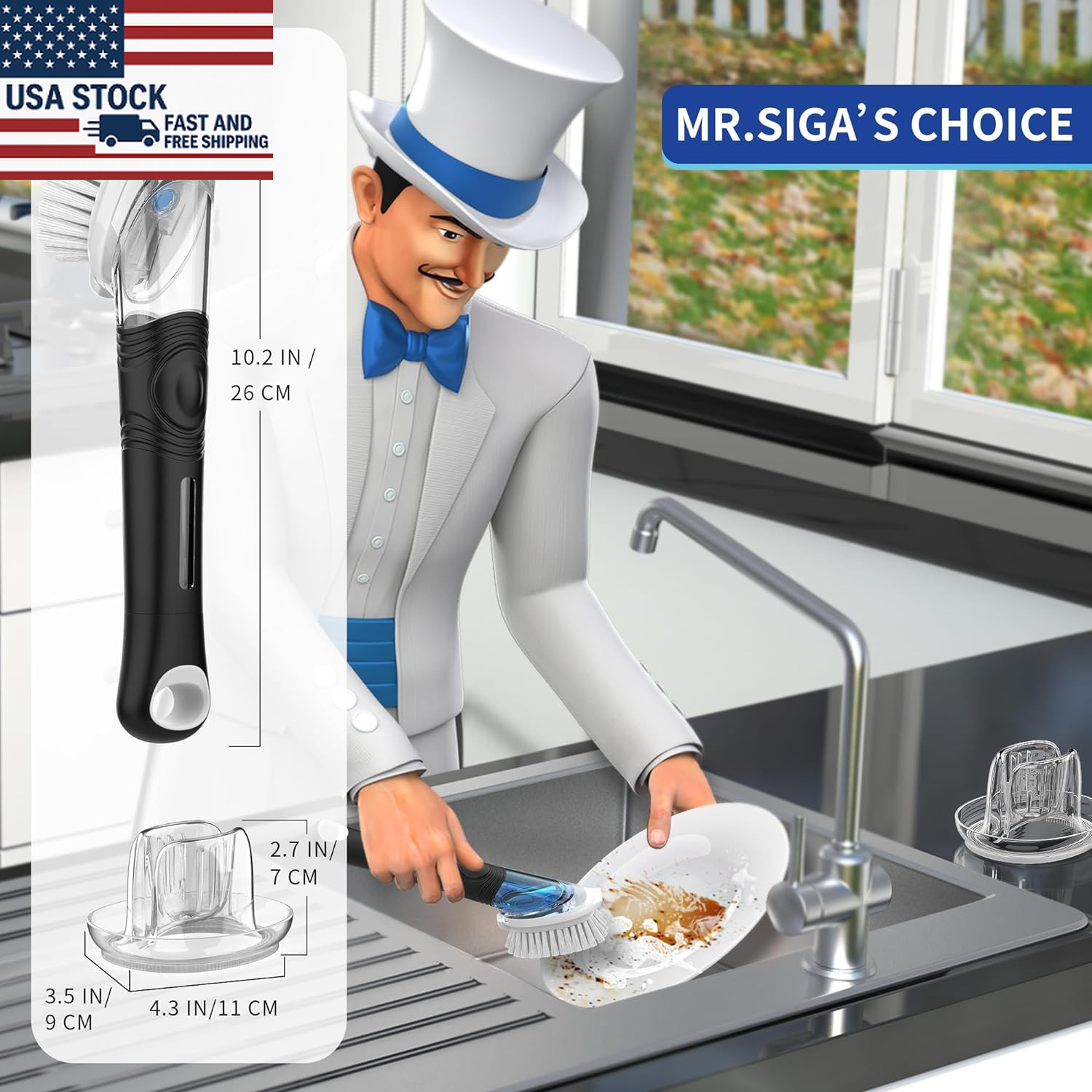 Soap Dispensing Dish Brush Set Kitchen Cleaning Brush Holder Pot Sink Scrubber