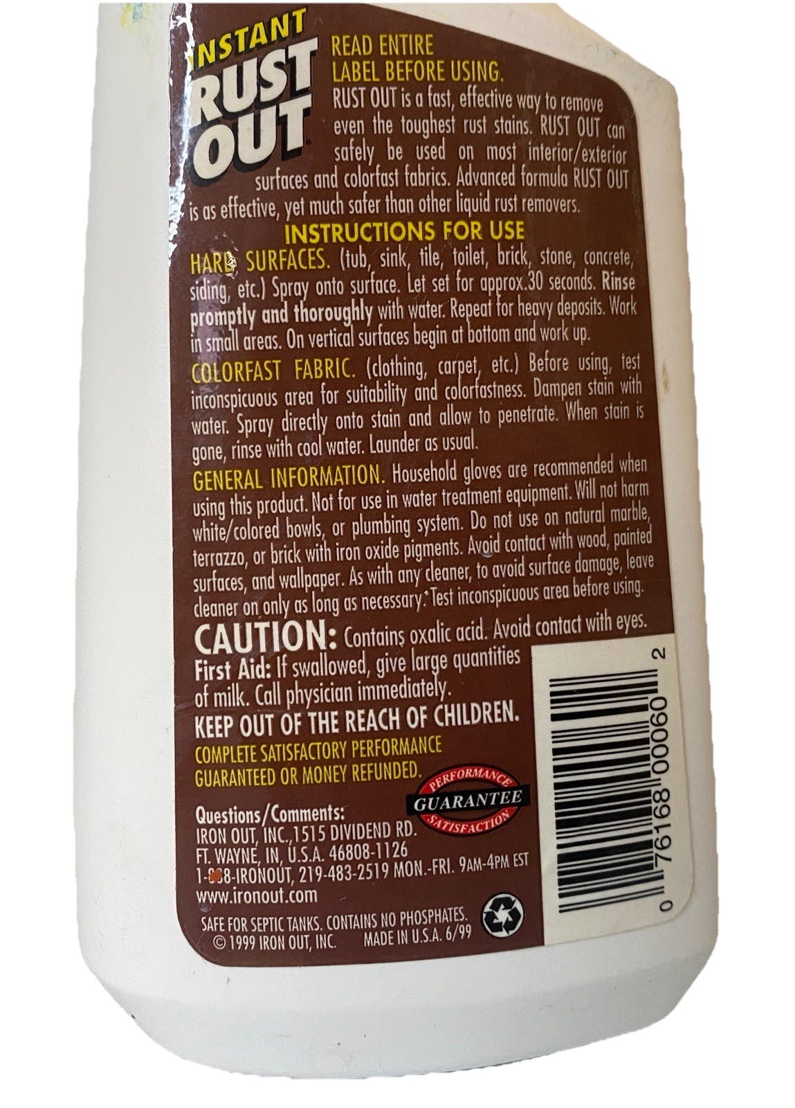 Iron Out Inc. INSTANT RUST OUT Rust Remover Discontinued Preowned 11.9 oz Bottle