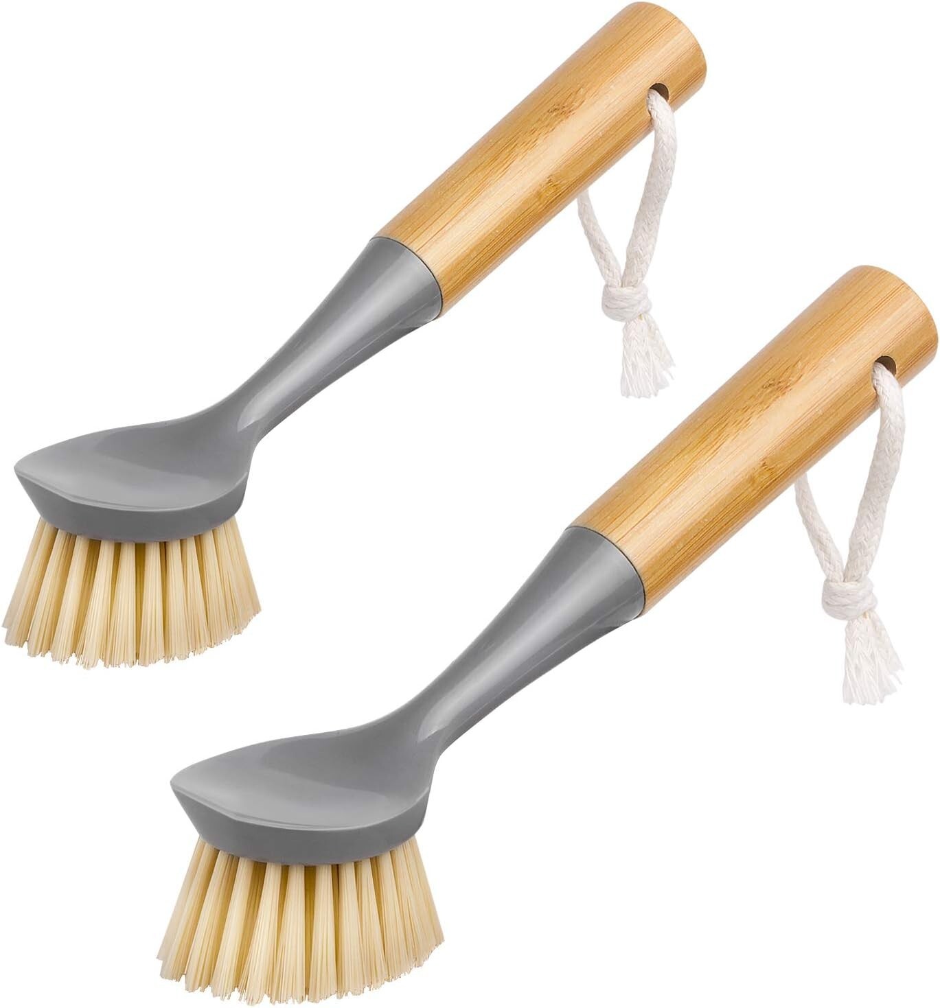 Dish Brush Bamboo Handle Pack of 2 Built-in Scraper Kitchen Sink Cleaning