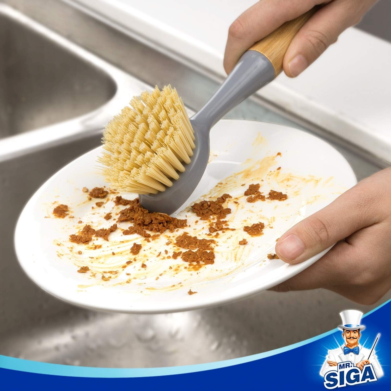 Dish Brush Bamboo Handle Pack of 2 Built-in Scraper Kitchen Sink Cleaning