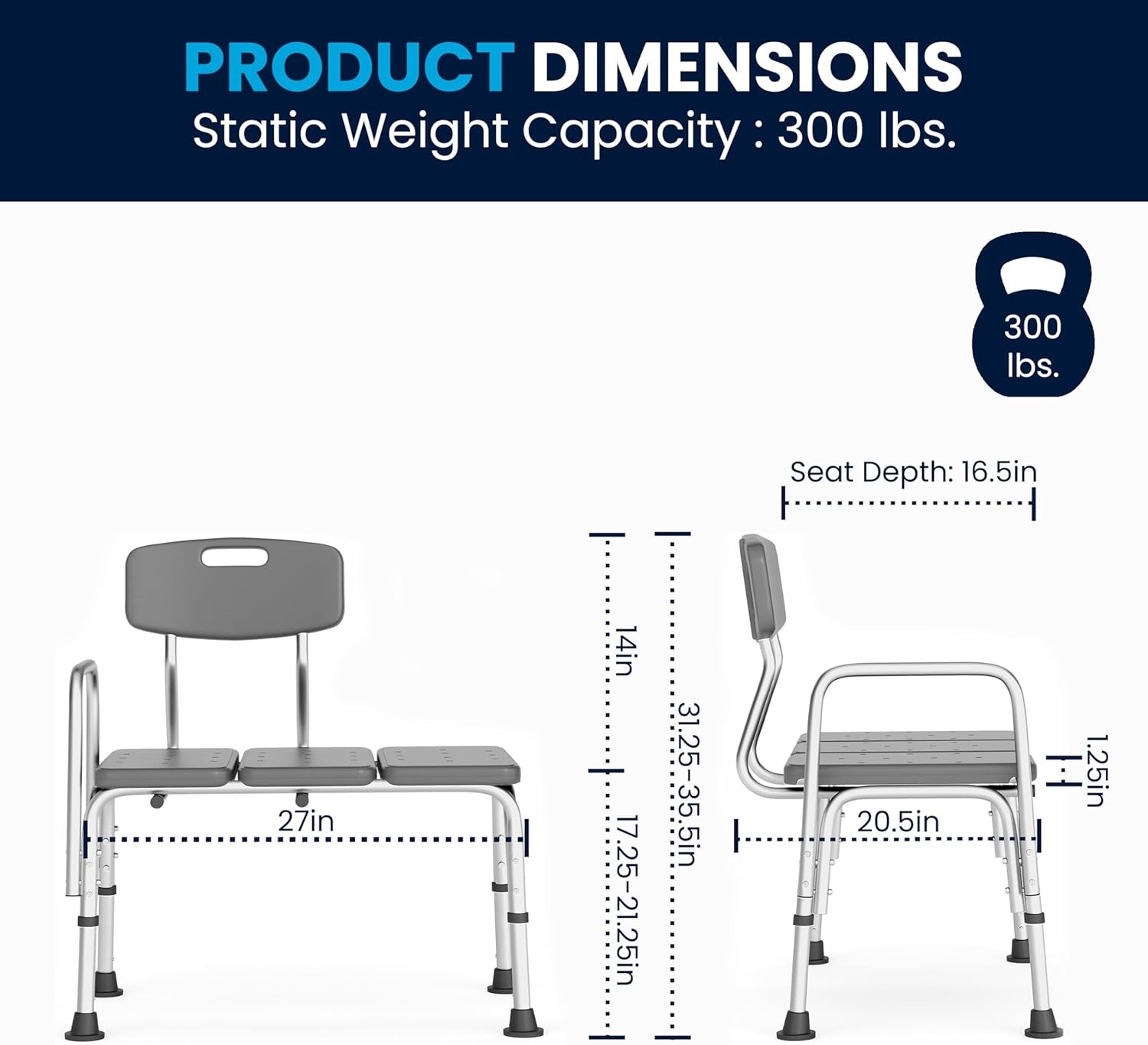Flash Furniture HERCULES Series 300 Lb. Capacity Adjustable Gray Bath & Shower