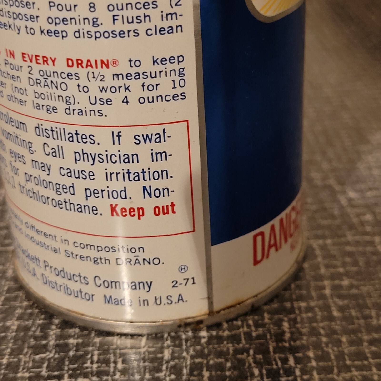 NOS VTG KITCHEN Drano Liquid Drain & Disposer Cleaner Metal Cone Top Can 1971