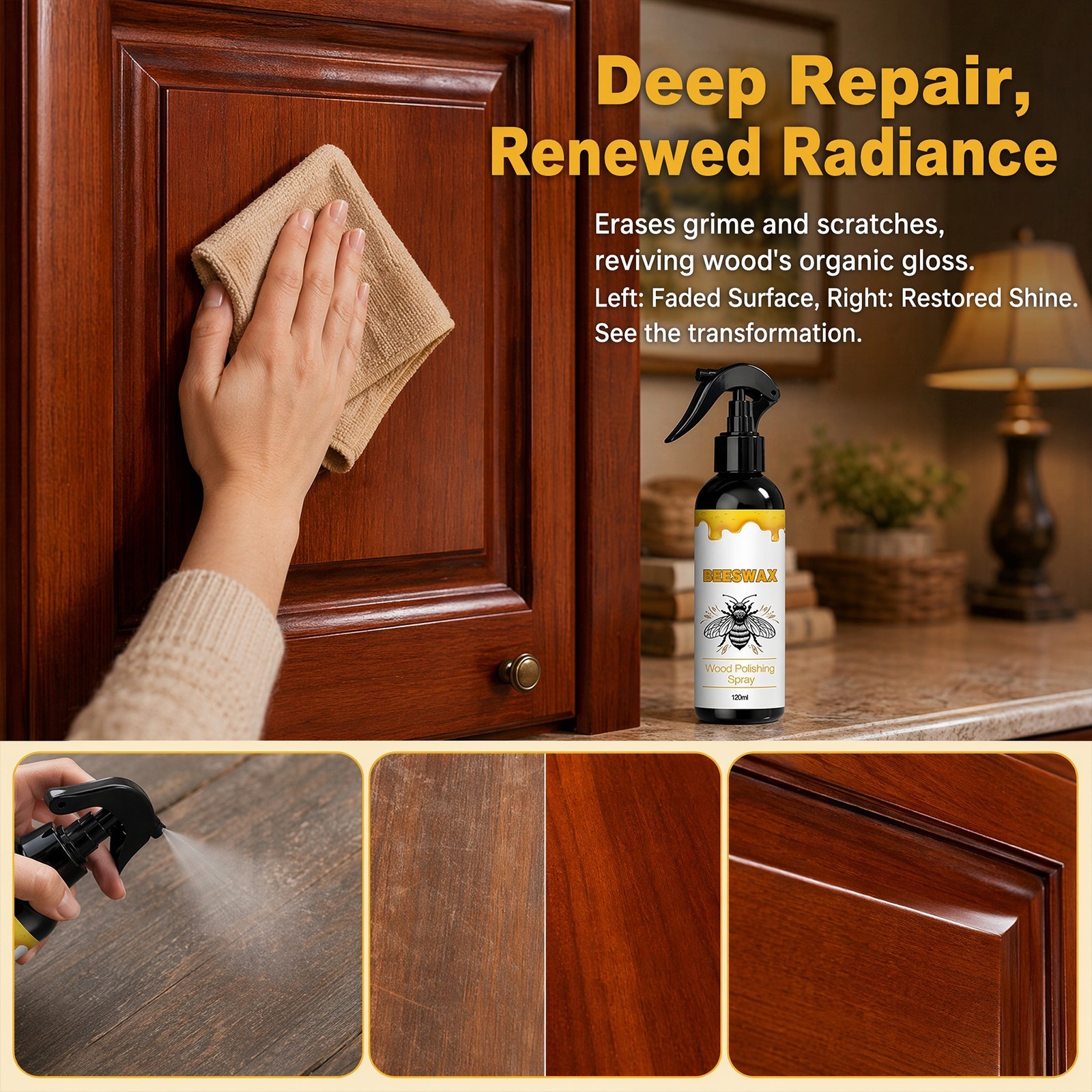 Natural Beeswax Wood Polish Spray – Furniture Floor Restorer & Cleaner