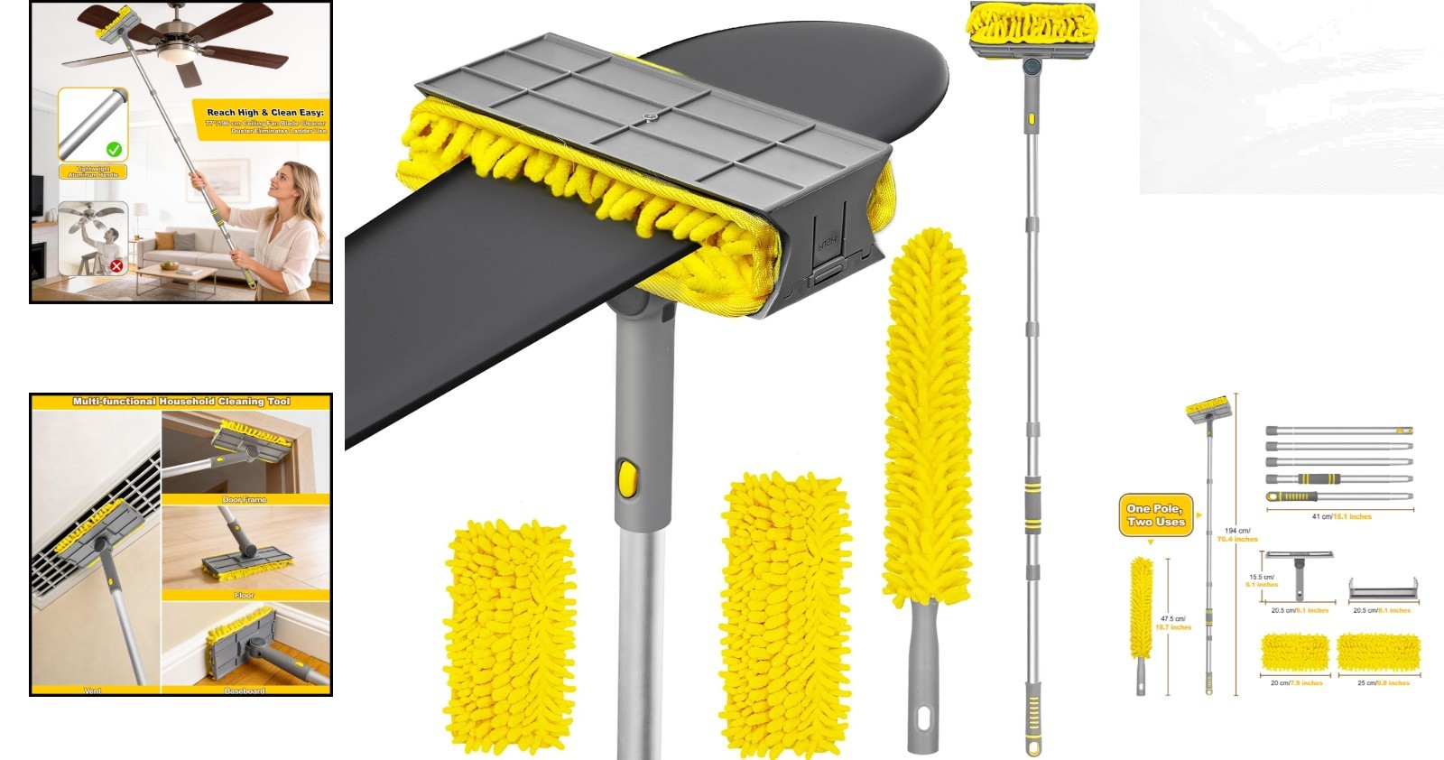 Effortless 77″ Extendable Ceiling Fan Duster with 360° Rotatable Cleaning Head