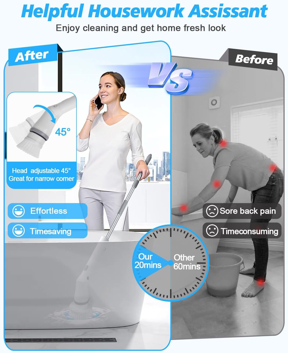 Electric Spin Scrubber Cordless,Power Scrubber Shower Cleaning Brush 400Rpm,Bath
