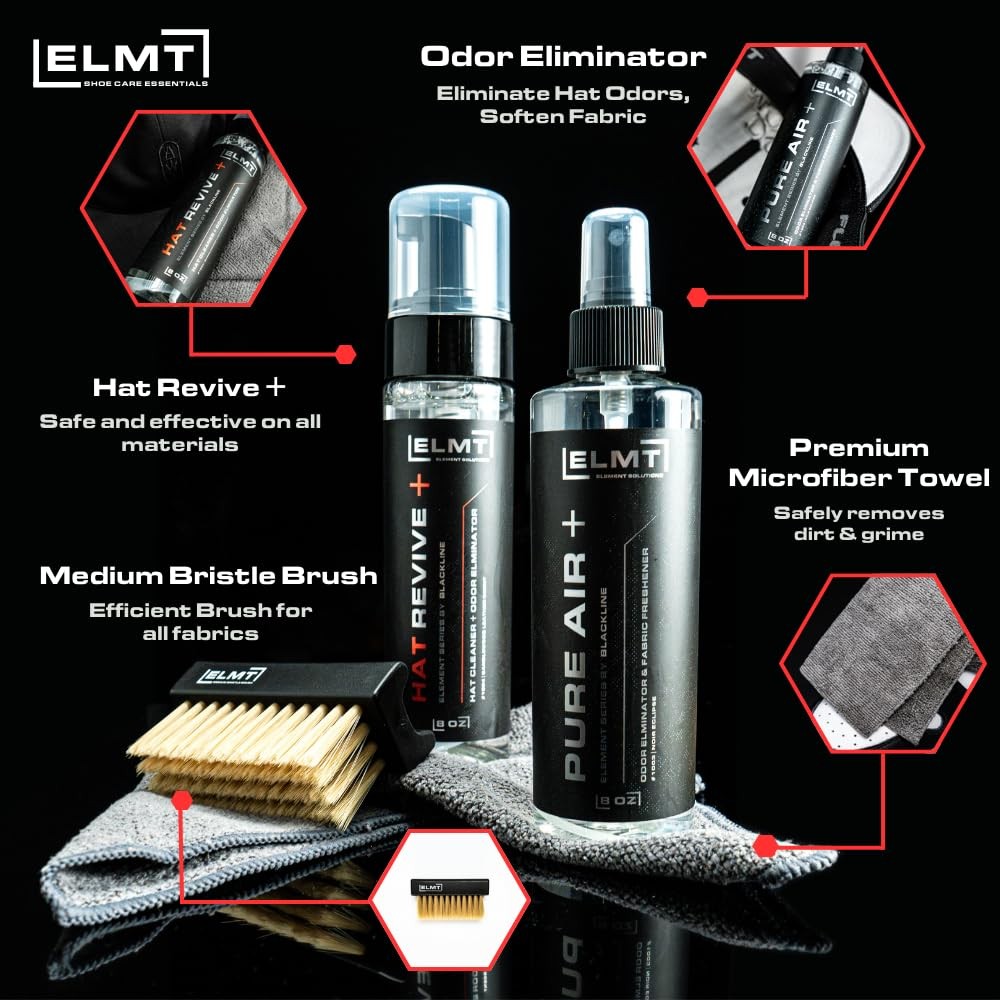 ELMT Hat Cleaning Kit – 8oz Solution, Deodorizer, Towel, Brush – Quick-Drying…
