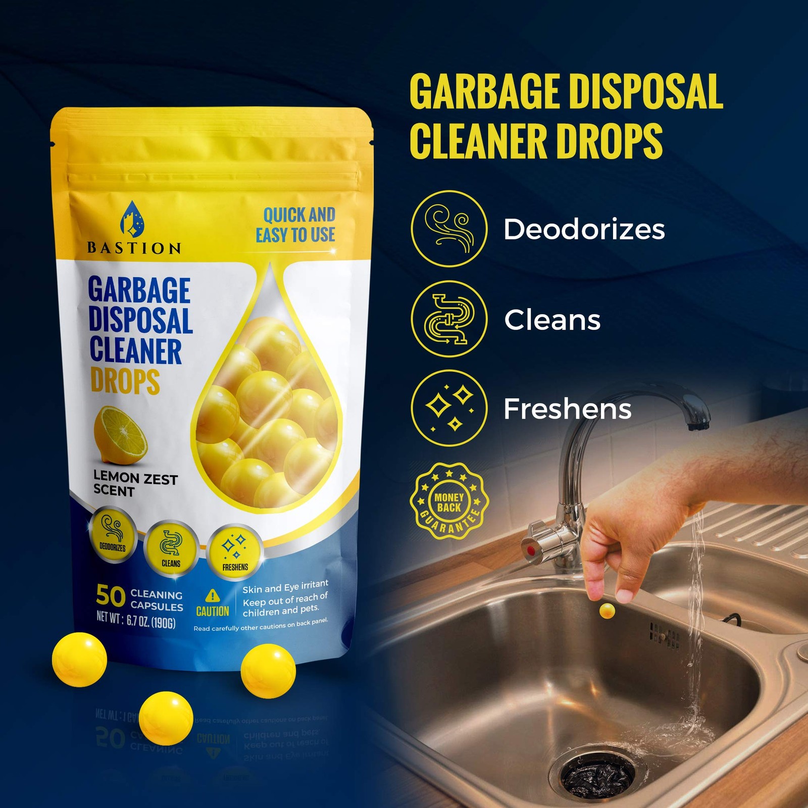 Garbage Disposal Cleaner and Deodorizer Drops 50Count Lemon Zest Scented Kitc…