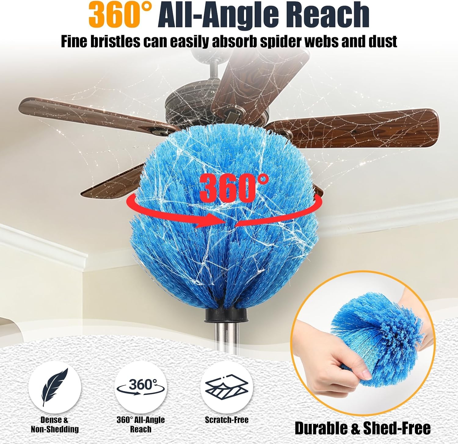 Lightweight Cobweb Duster with Extension Pole – 8FT Long Reach Brush Kit