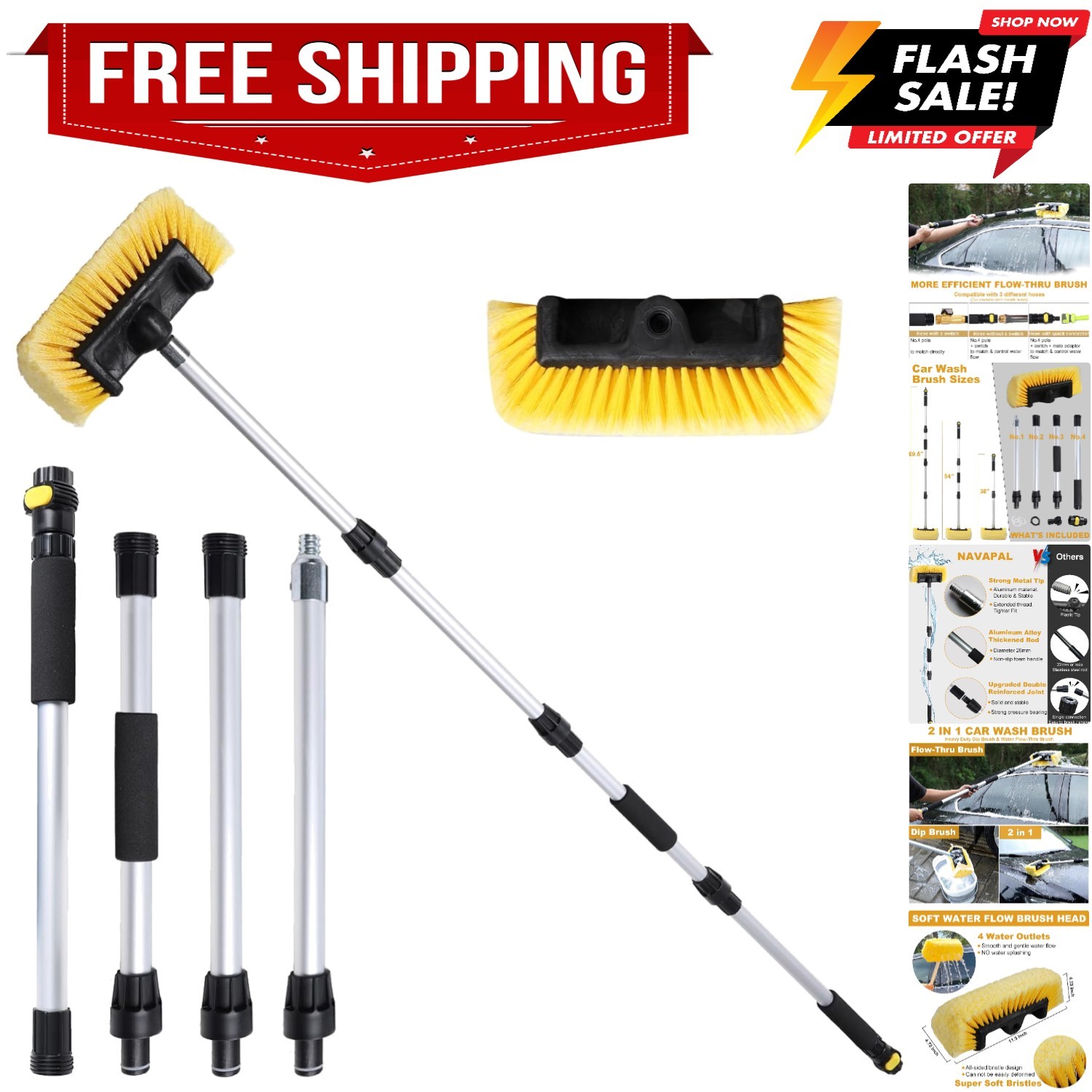 70″ RV Wash Brush with Long Handle and 12″ Soft Bristle Brush Head, Water Flo…