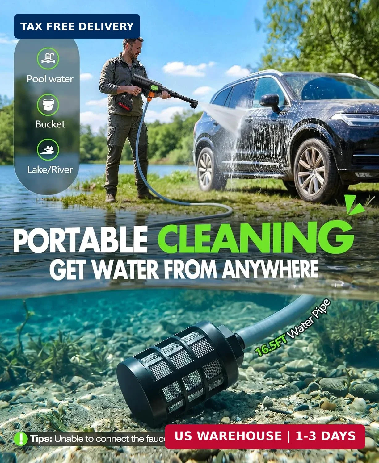 PoolLeader Cordless Car Washing Tool, Portable Vehicle Cleaner with 6-in-1 Nozzl