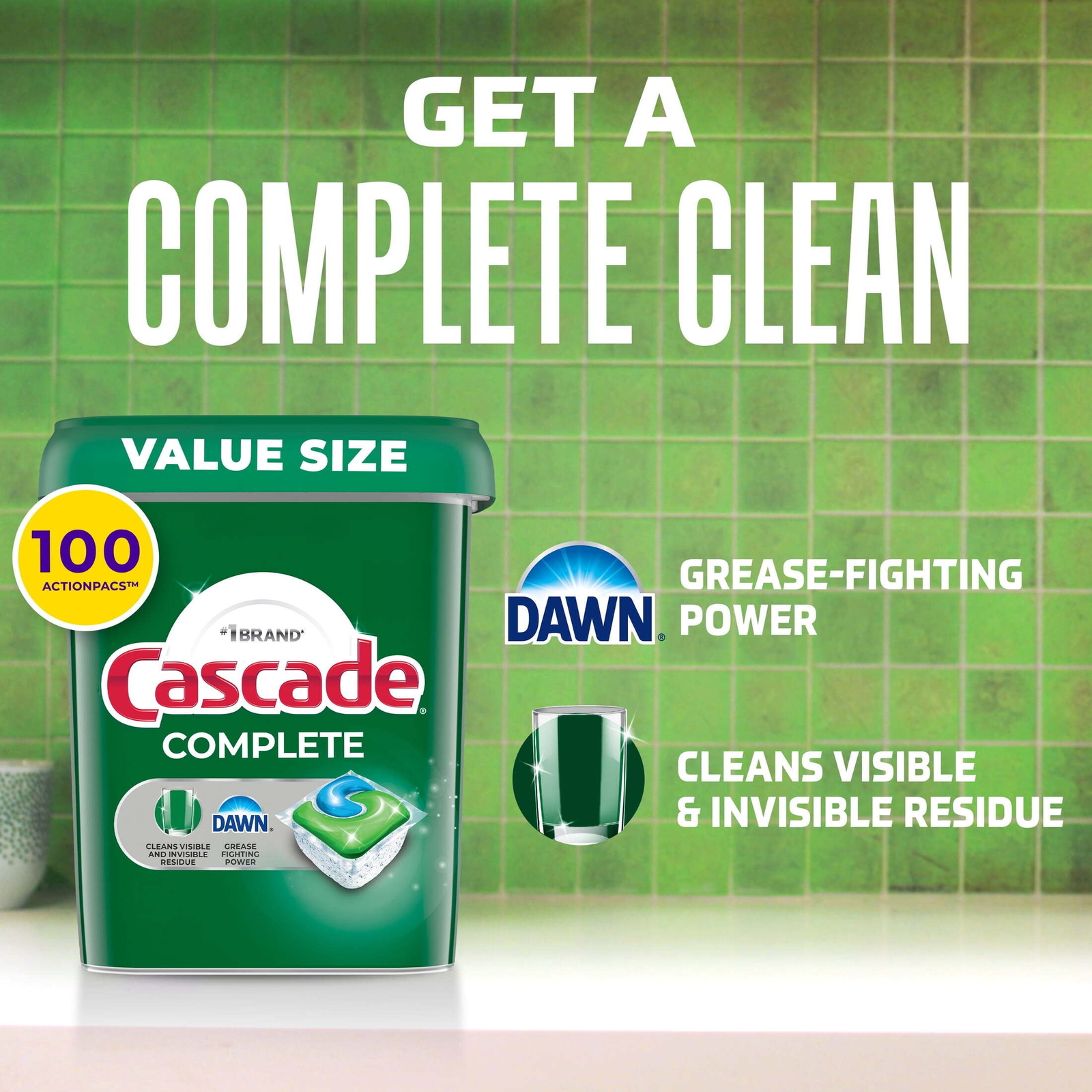 Cascade Complete Dishwasher Pods, Action Pacs Detergent Tabs, Fresh, 100 Count