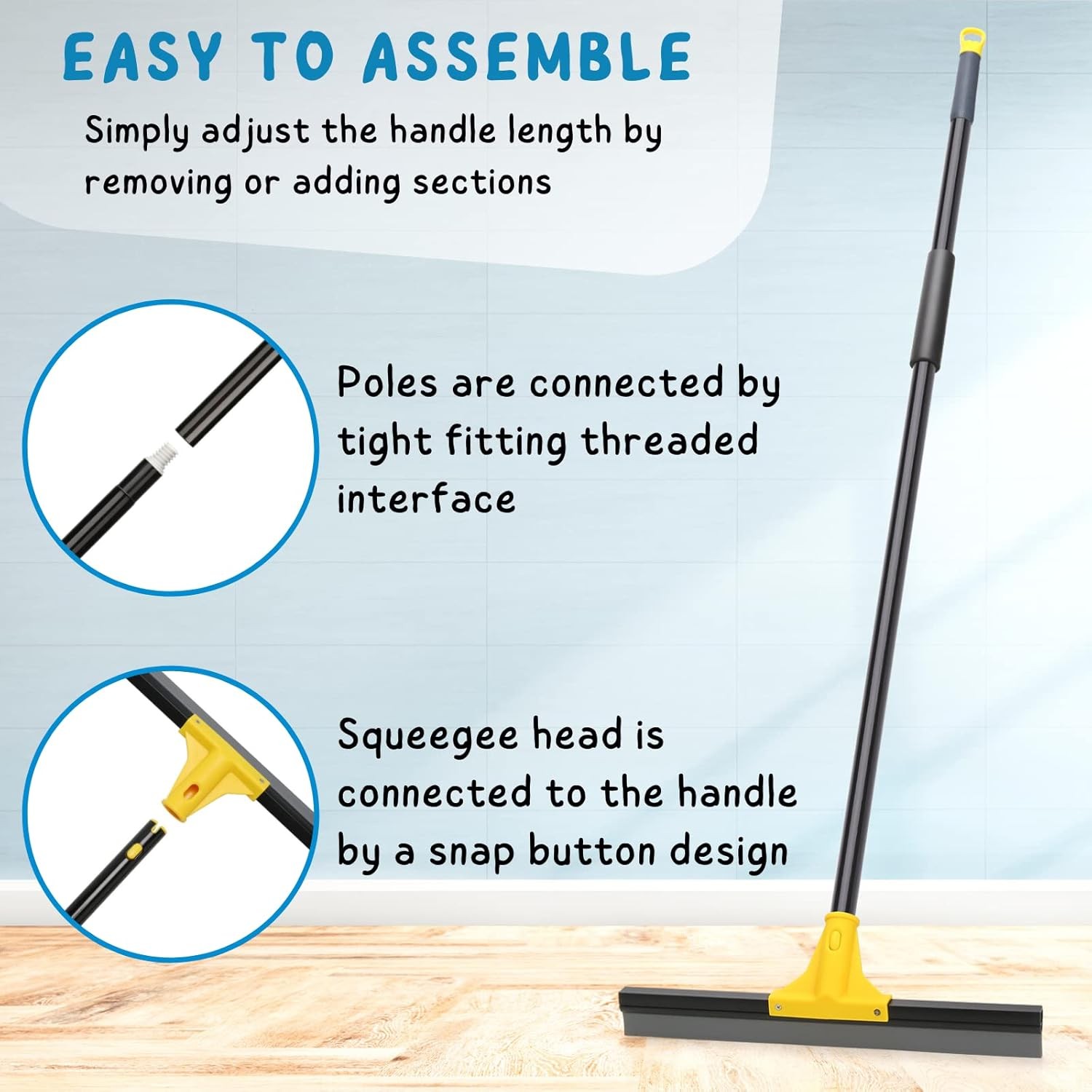 Squeegee Broom for Floor, 18” Heavy Duty Rubber Wiper with 60” Long Handle for