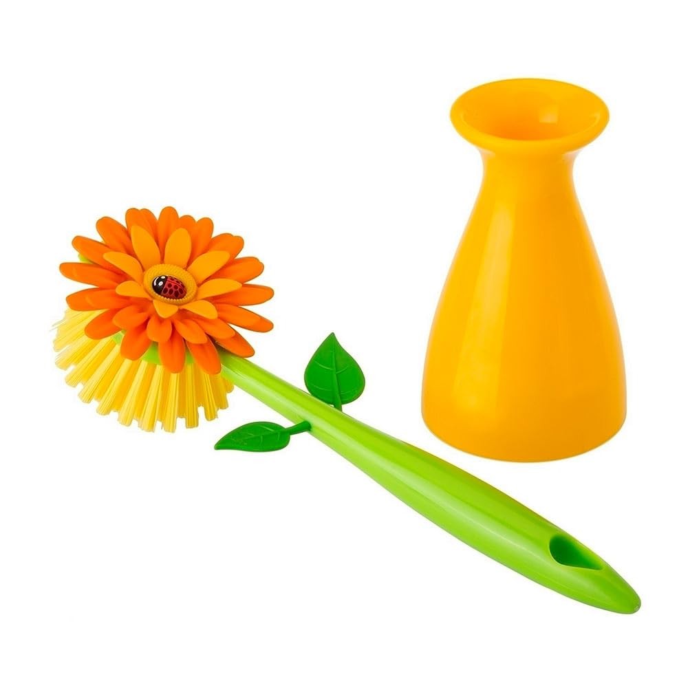 Flower Power Dish Brush with Handle and Vase Holder – Dish Scrub Brush for Di…