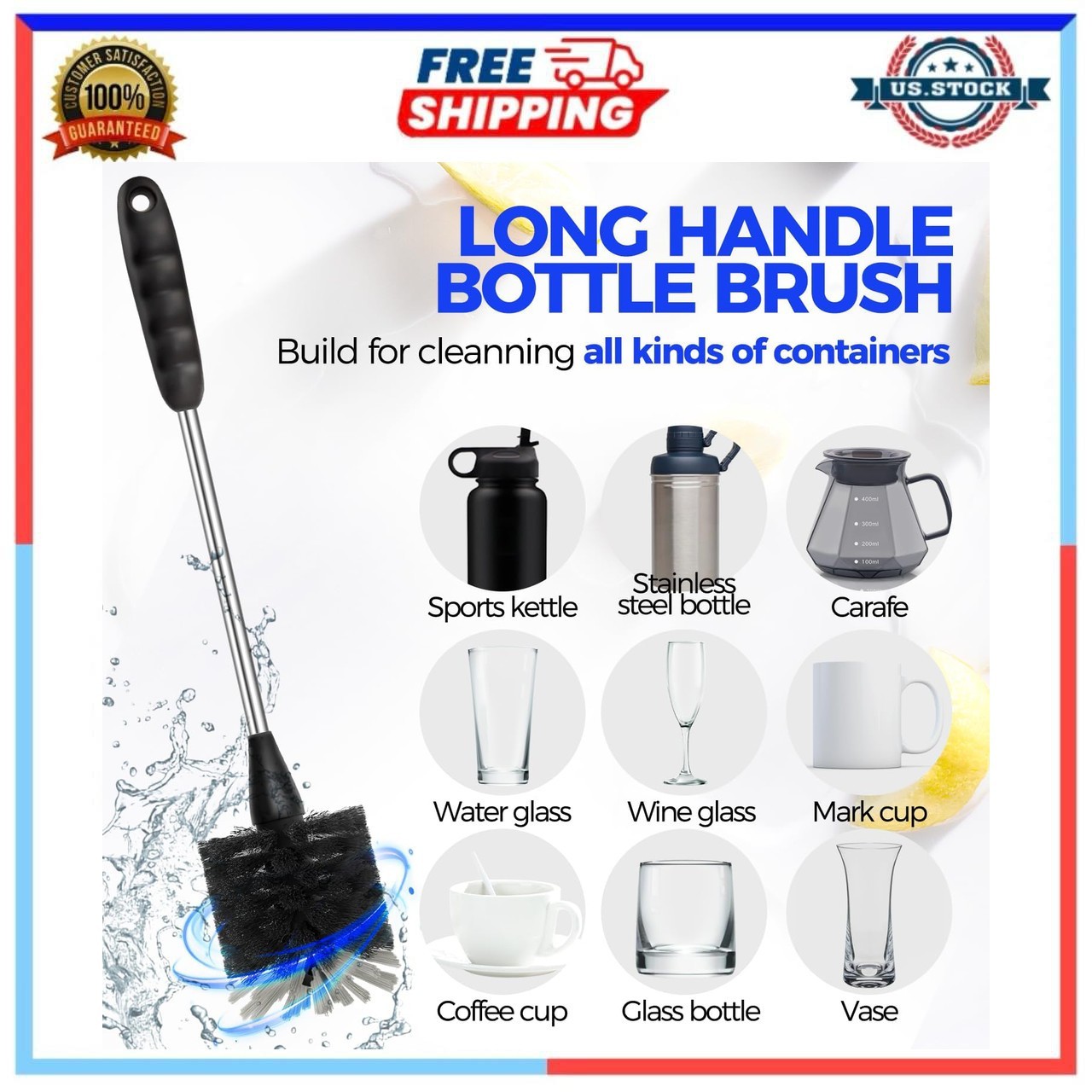14 Inch Stainless Steel Bottle Brush Set with 3 Straw Cleaners