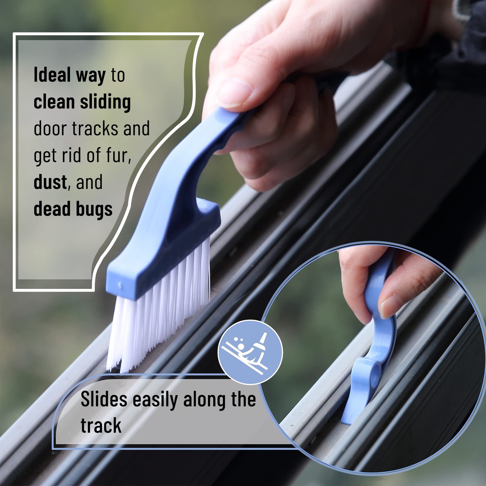Slick- Window Track Cleaning Brush, 2 Pack, Blue Ergonomic Handle, Built-in S…