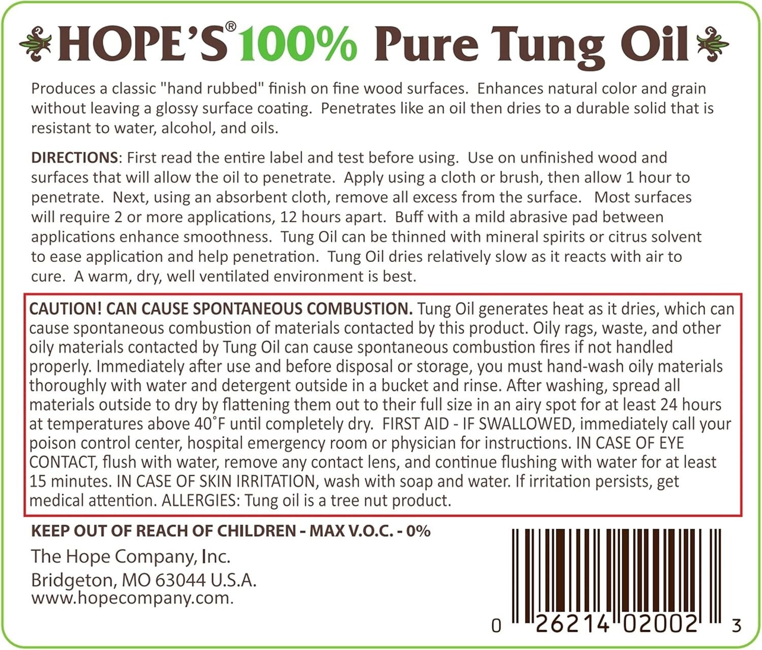 HOPE’S 100% e Tung Oil, Food Safe, Premium Waterproof Natural Wood Finish and