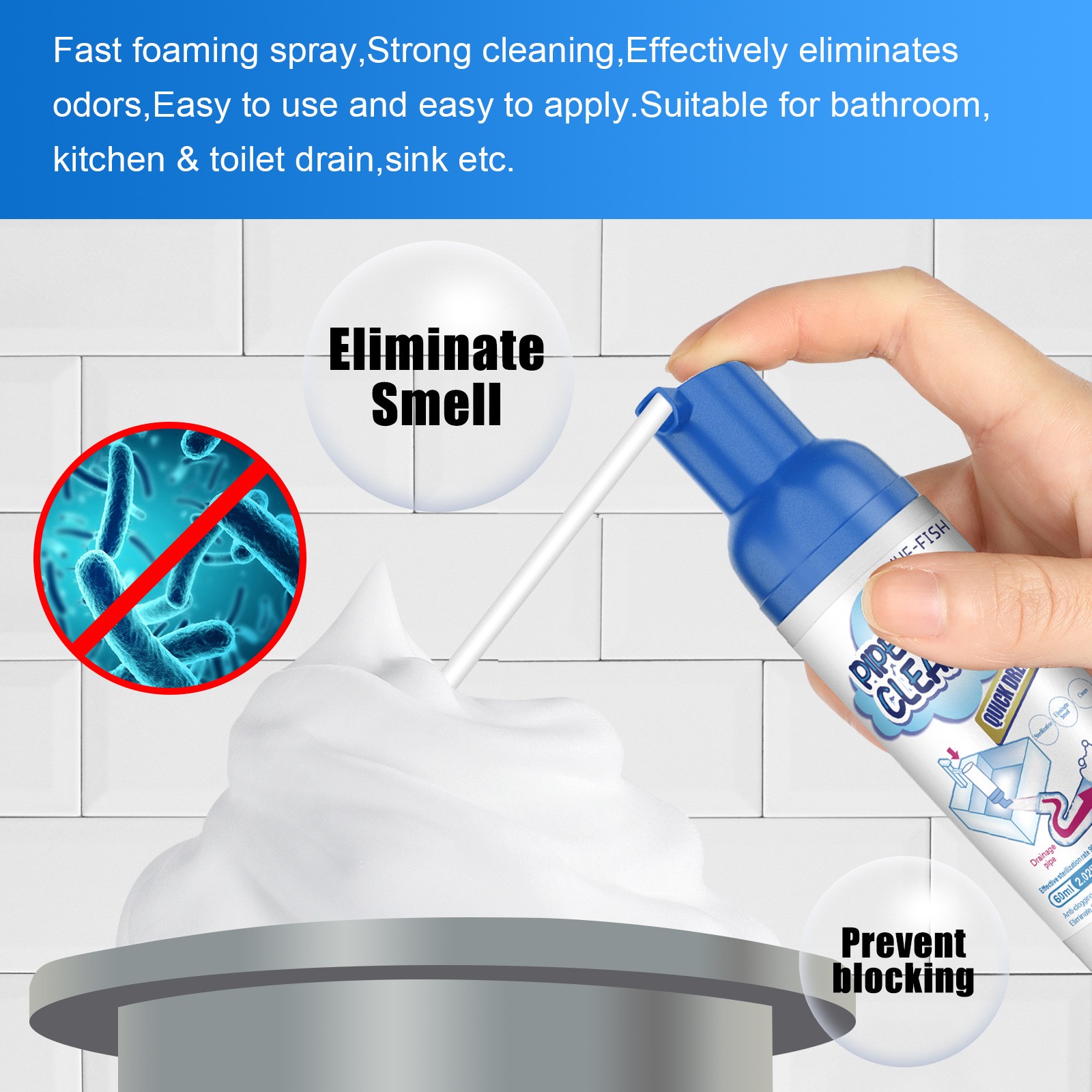 Foaming Drain Cleaner,For Bathroom Kitchen Sink Overflow Fast Clog Removal 60ml