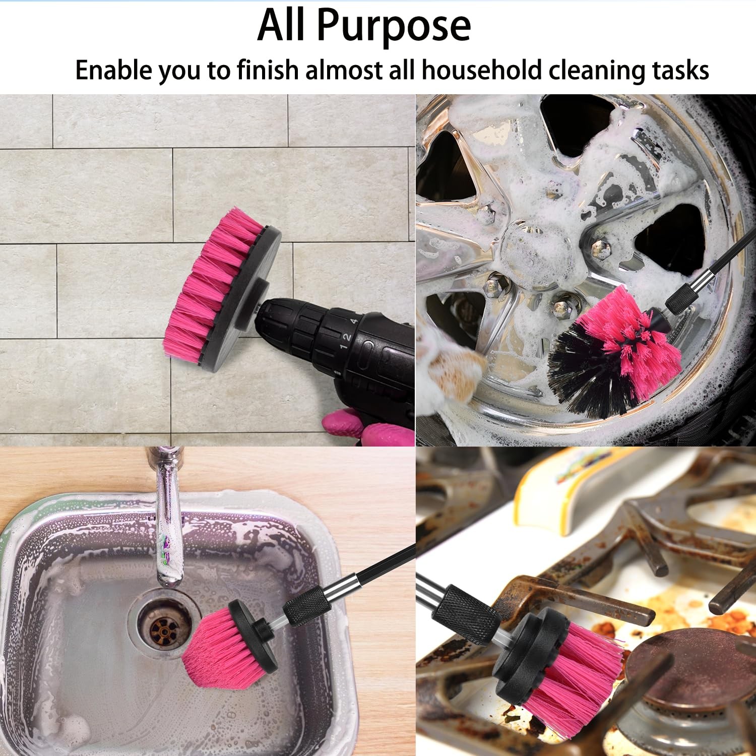 8 Pack Drill Brush Attachment Set, 1/4in Power Scrubber Brush + Extend Long R…