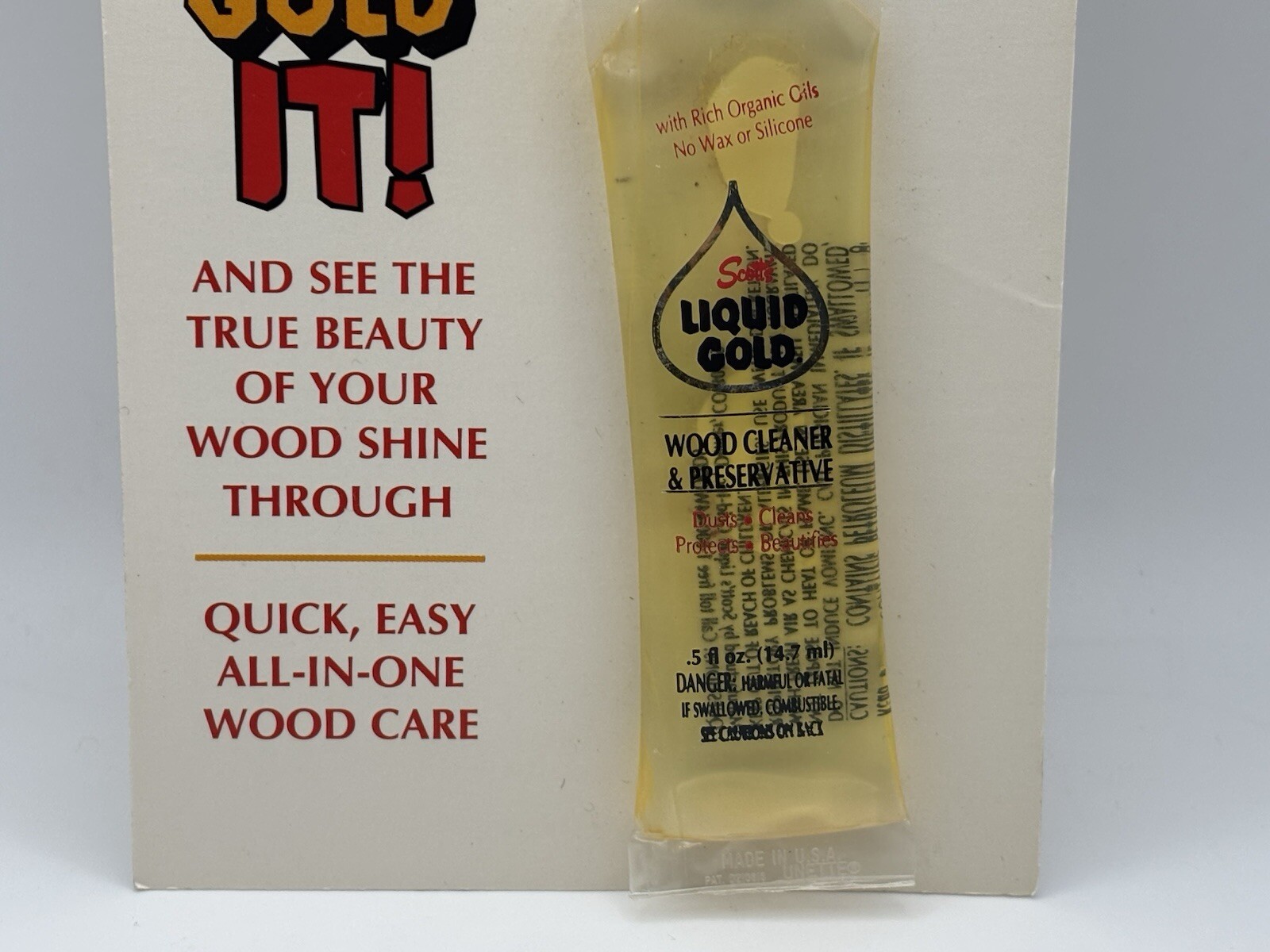 Vintage Scott’s Liquid Gold Salesman Sample 0.5 Oz Cardback New Unused Wood