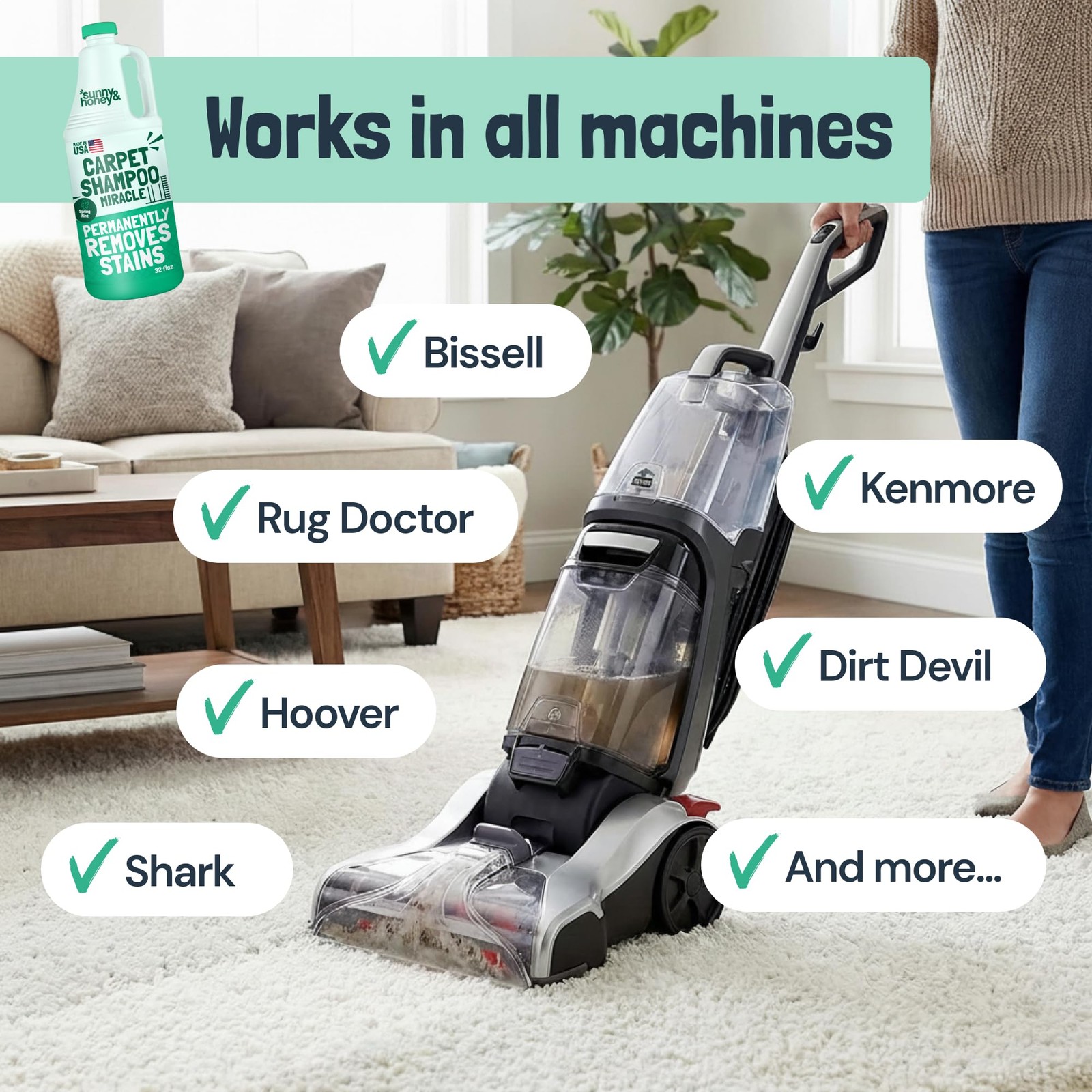 Sunny & Honey Heavy Duty Carpet Cleaner Solution 32 Fl Oz (Pack of 1), White