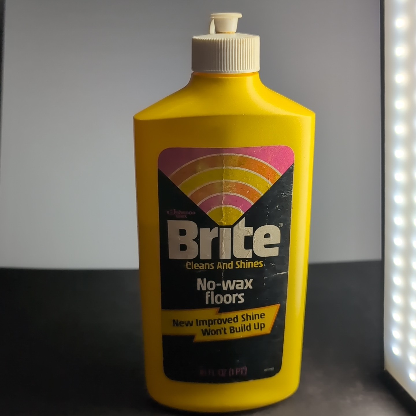 Vintage 1982 Brite No-Wax Floor Cleaner 16oz Bottle 79% Full Prop S.C. Johnson