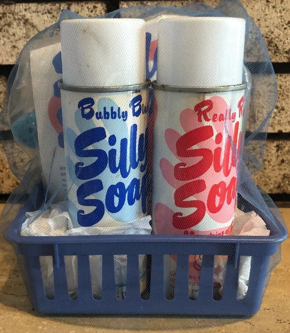 2- SILLY SOAP Spray Cans Red / Blue & 2- SPONGES By FULLER BRUSH Gift Basket