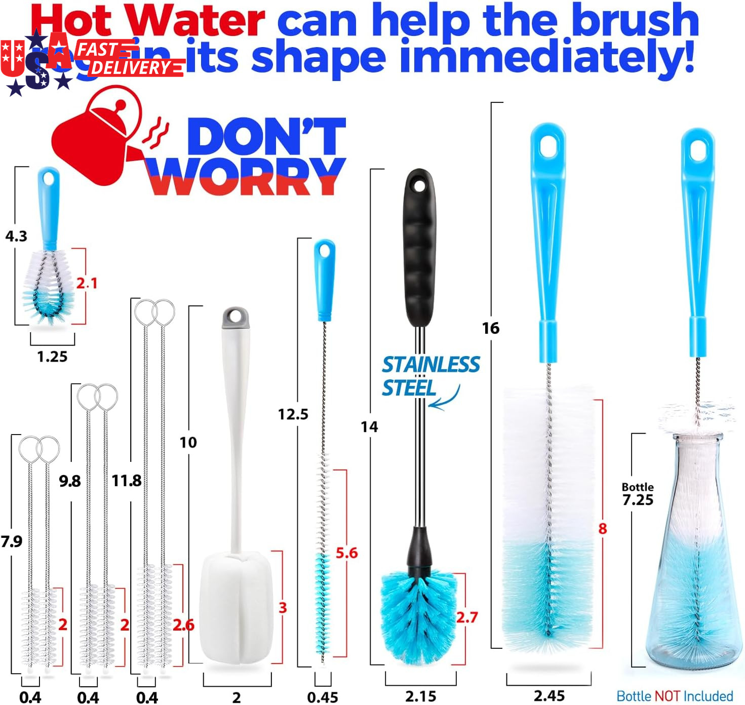 Bottle Brush Tube Cleaning Lab Set with Long Handle, Cup Cleaner for Washing Nar