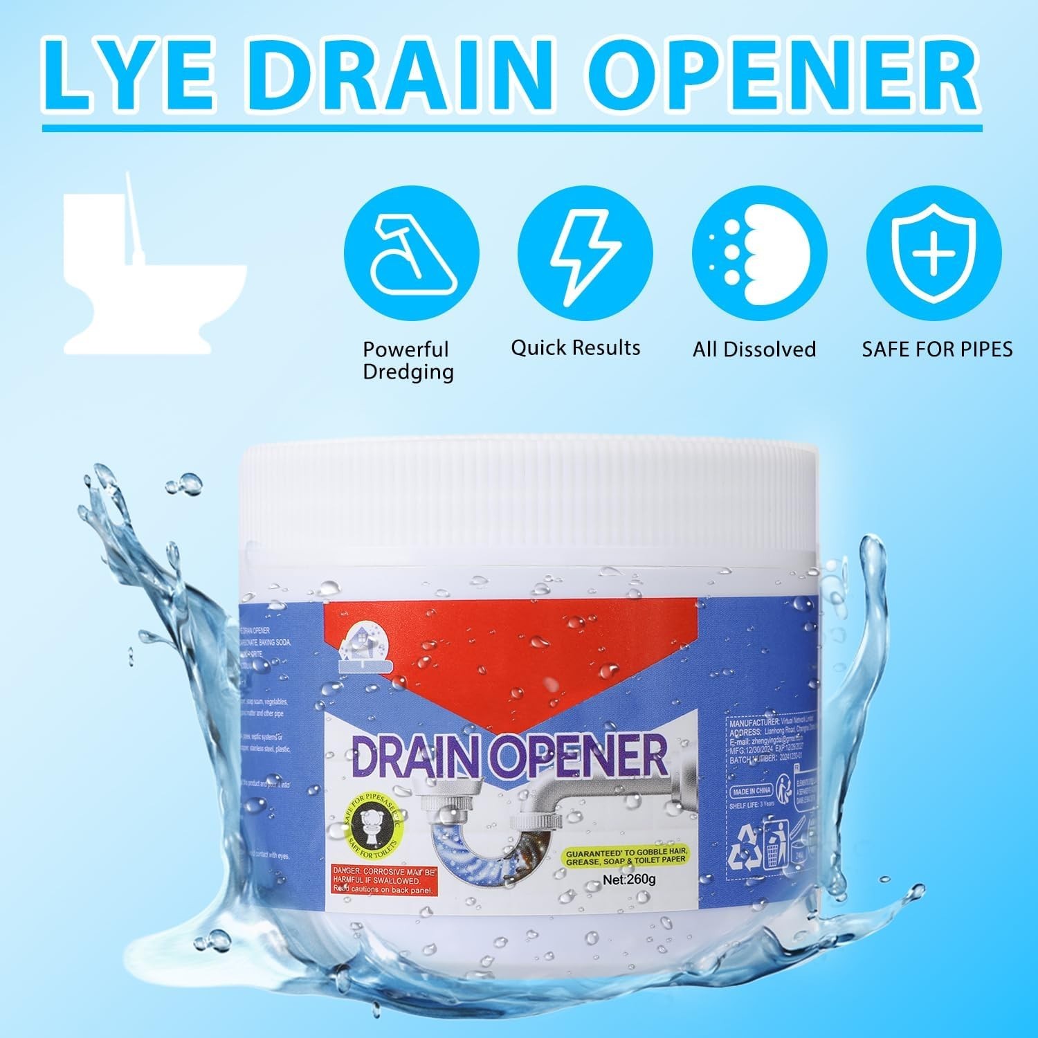 BELL BIRDCrystal Lye Drain Opener, Drain Opener 260g/1Pcs US Free Ship
