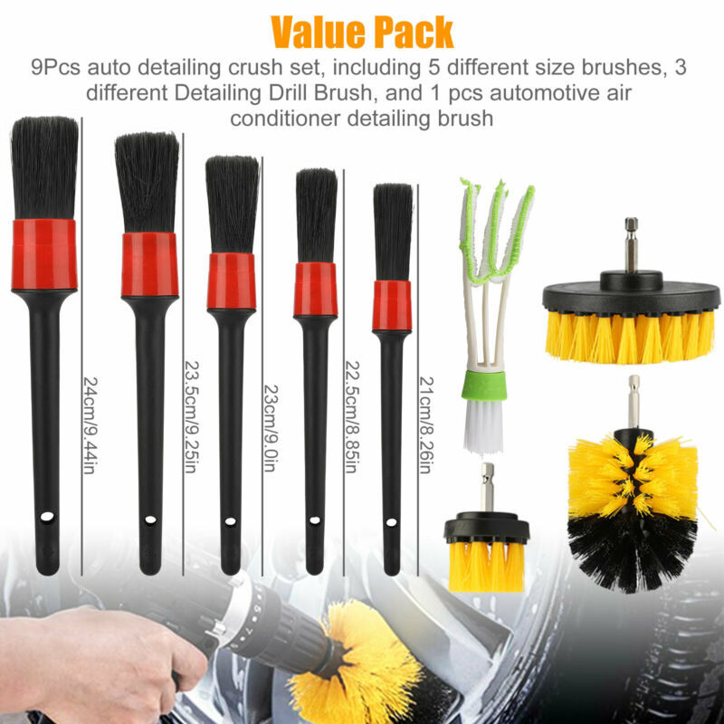 9PC Drill Brush Cleaner Attachment Set Power Scrubber Car Tile Good Wood Handle