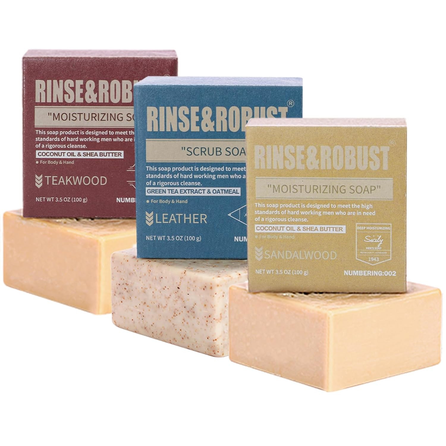 Rinse & Robust Mens Bar Soap Bath Bar Soap 3Pack Handmade Natural Soap Bar Set C