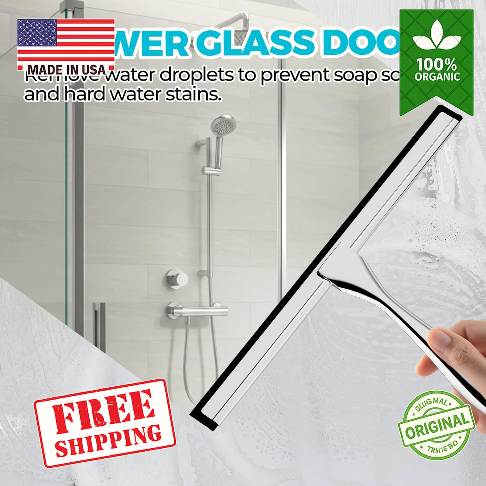 2 Pack 10in Shower Squeegee Stainless Steel Glass Window Cleaner Silver