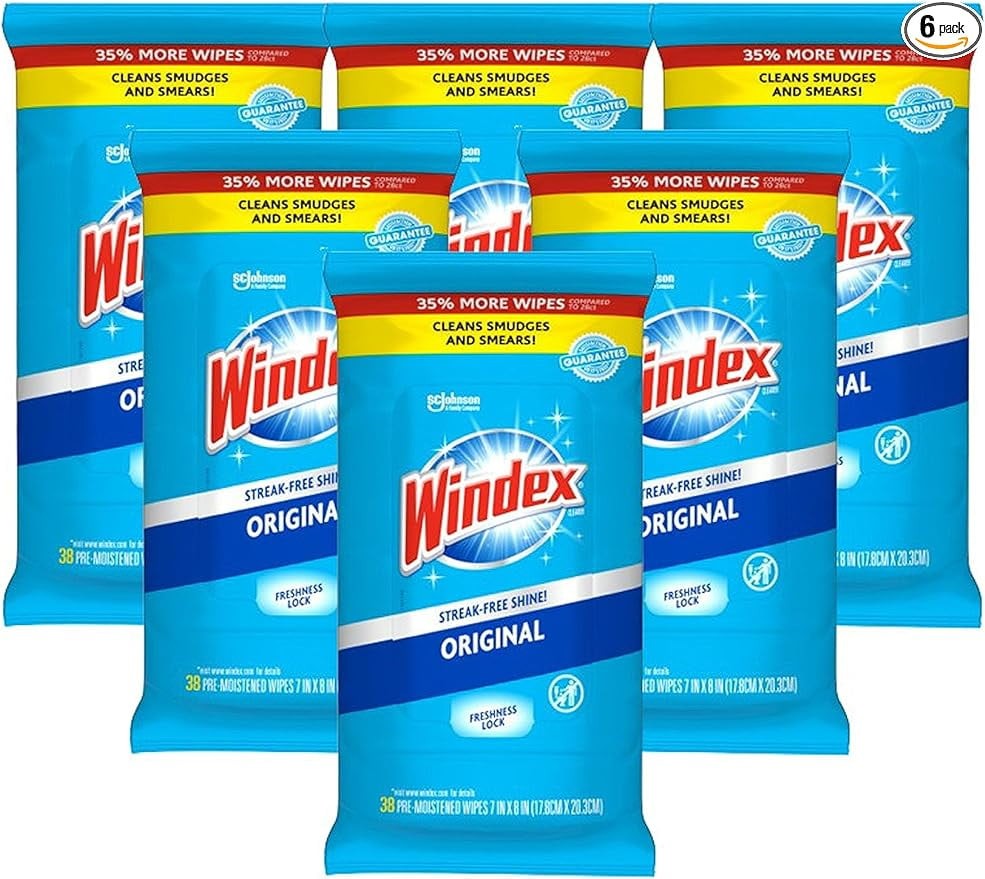Windex Glass and Surface Pre-Moistened Wipes, Original, 38 Count (Pack of 6)