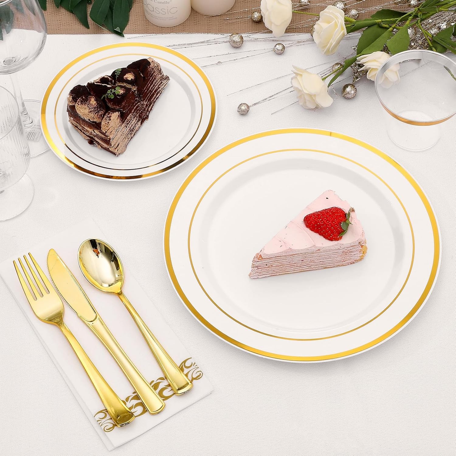 700-Piece Gold Rim Plastic Dinnerware Set for 100 Guests, Elegant Disposable D