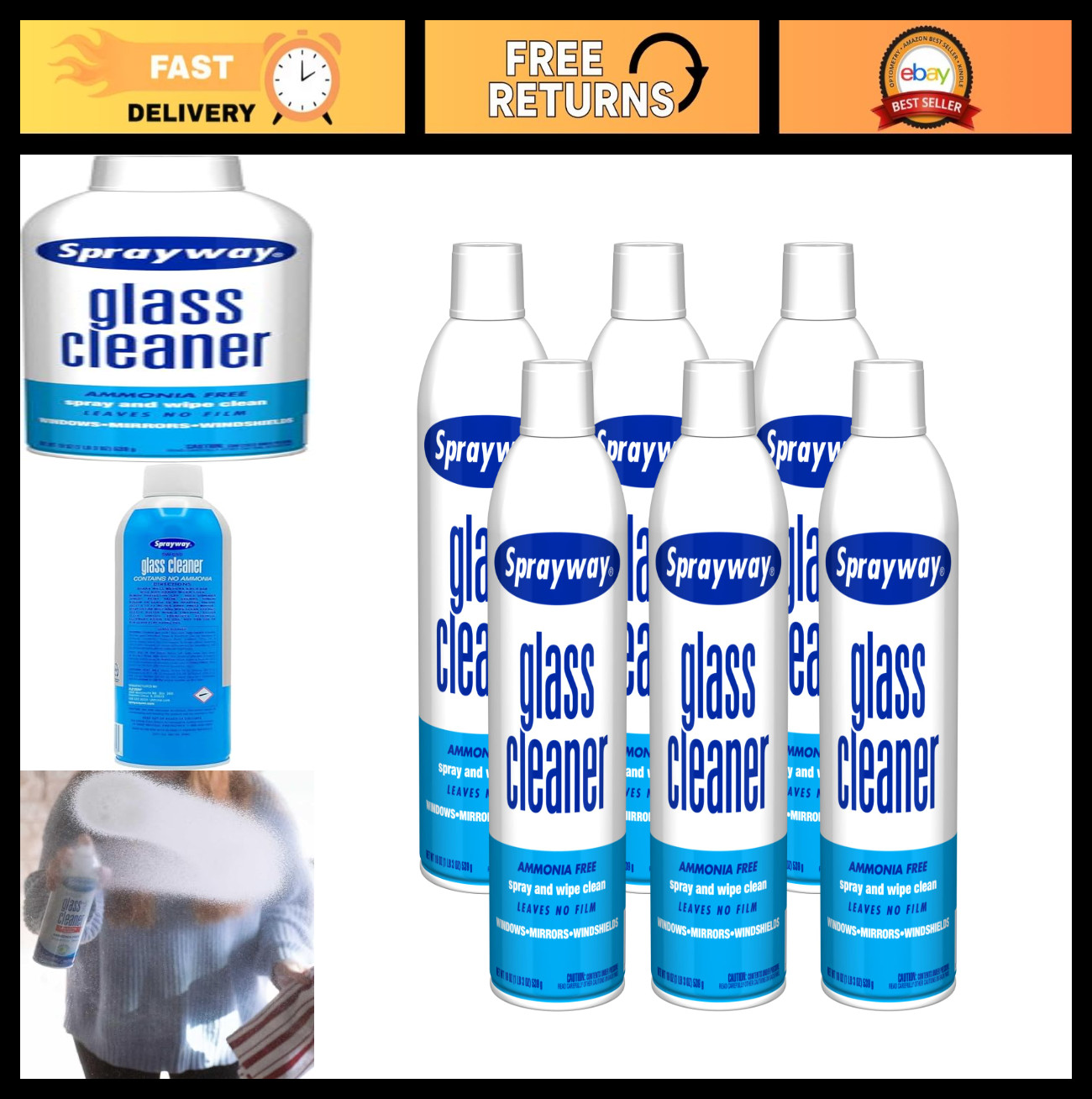Streak-Free Foaming Glass Cleaner Spray for Home & Auto – 19 oz, Pack of 6